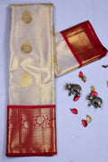 Beige And Dark Red Tissue Kanjivaram Saree With Blouse Piece