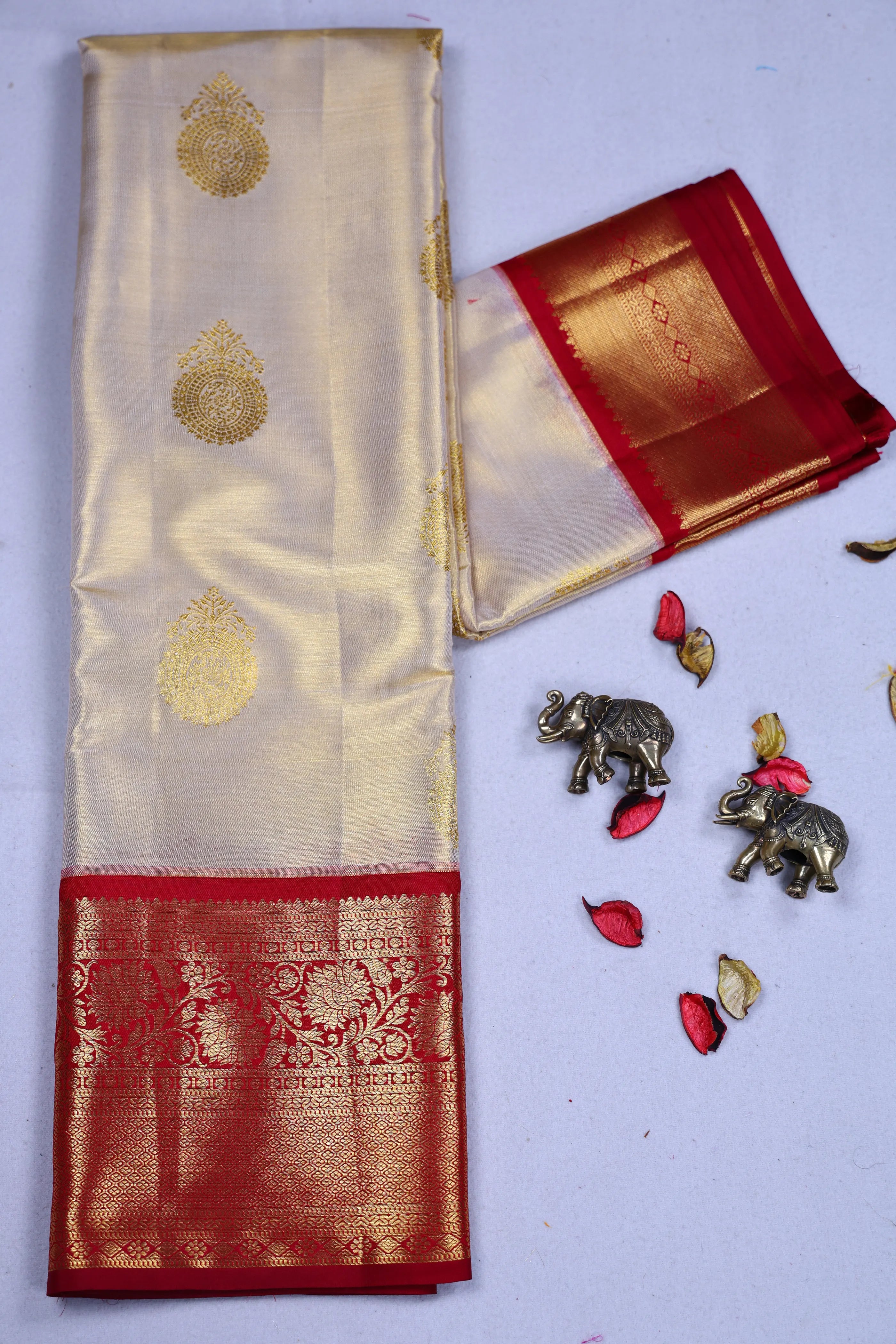 Beige And Dark Red Tissue Kanjivaram Saree With Blouse Piece