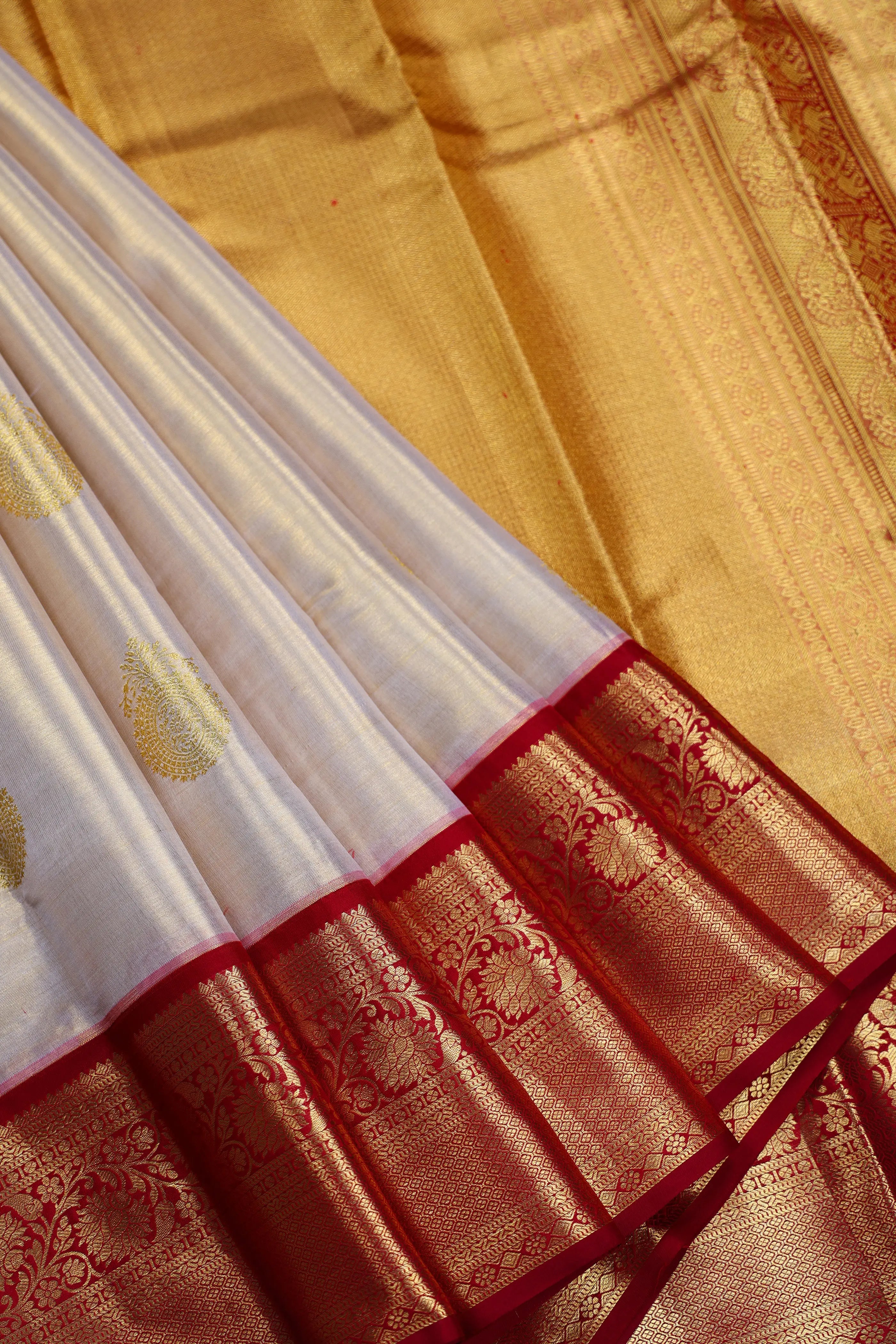 Beige And Dark Red Tissue Kanjivaram Saree With Blouse Piece
