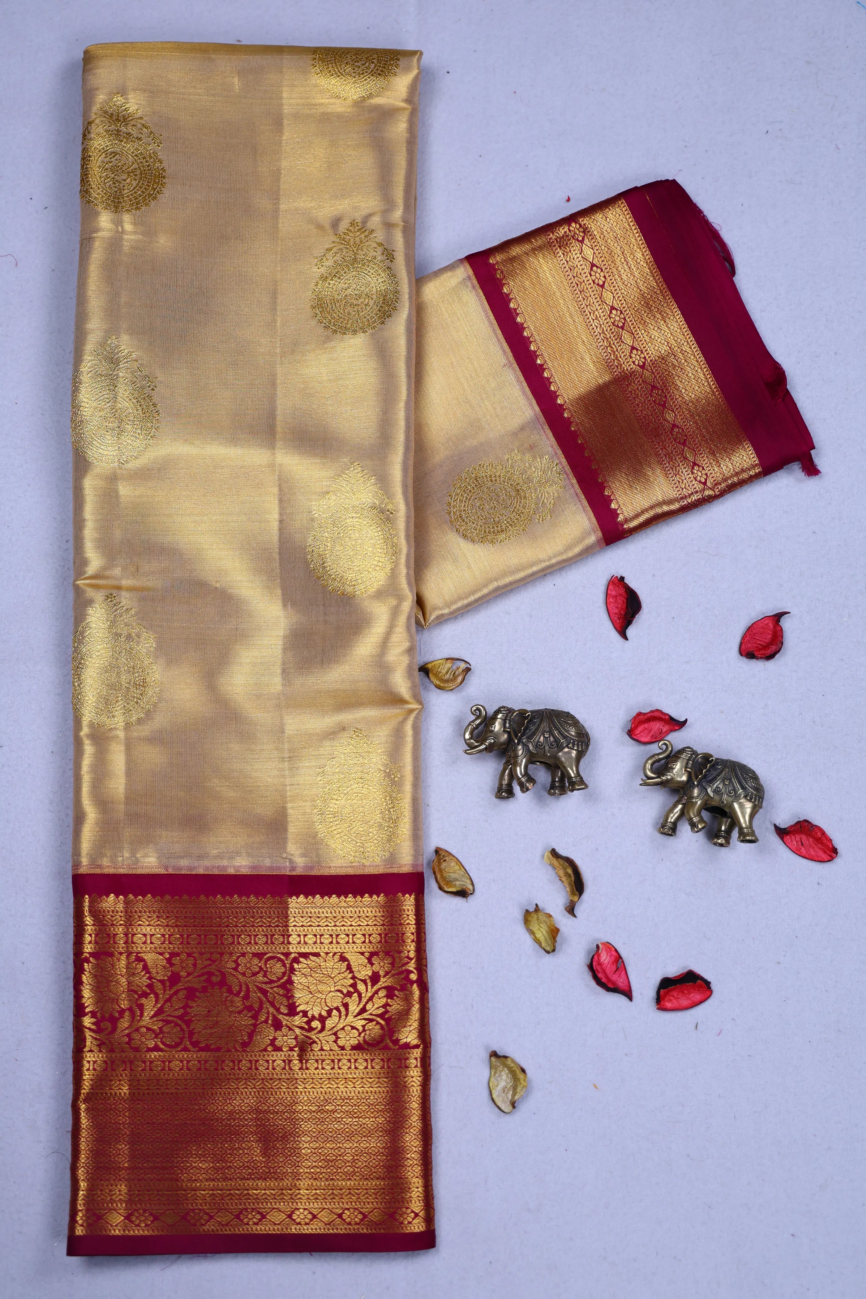 Beige And Wine Tissue Kanjivaram Saree With Blouse Piece