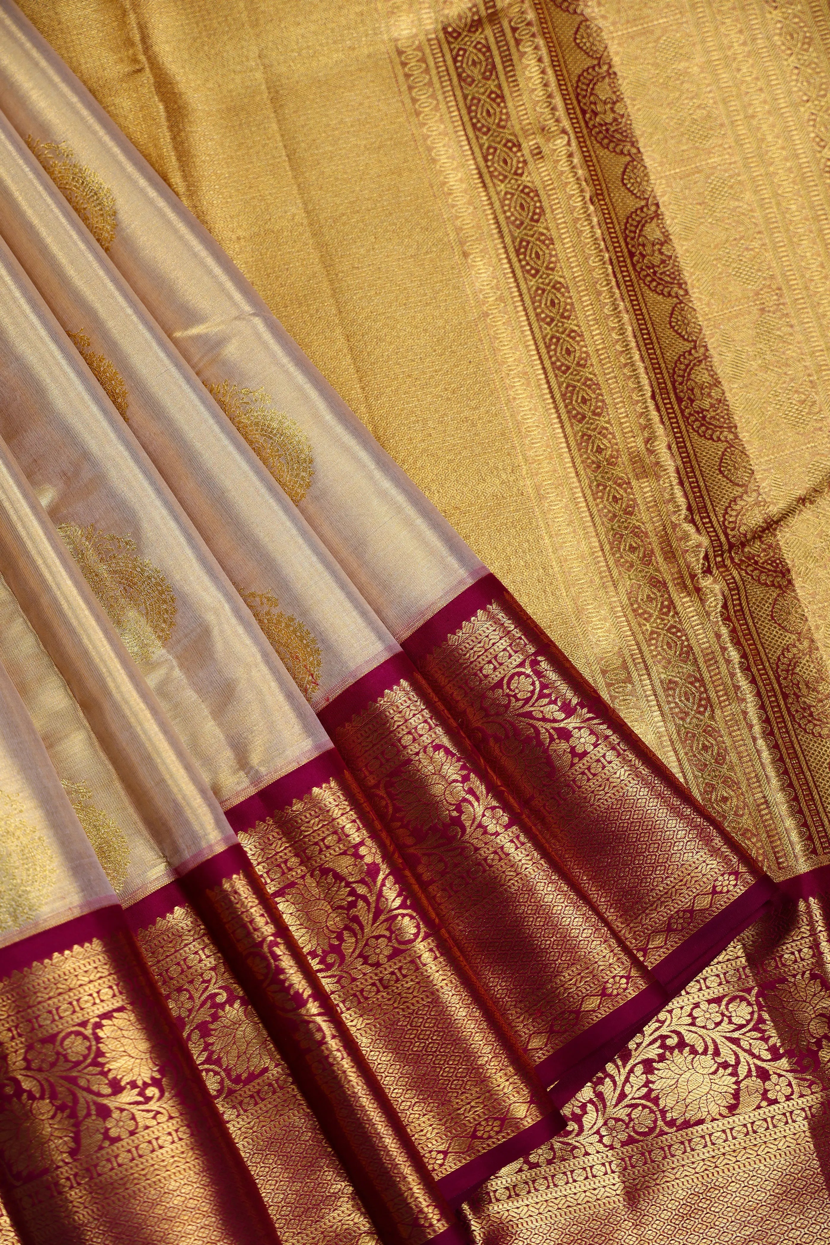 Beige And Wine Tissue Kanjivaram Saree With Blouse Piece