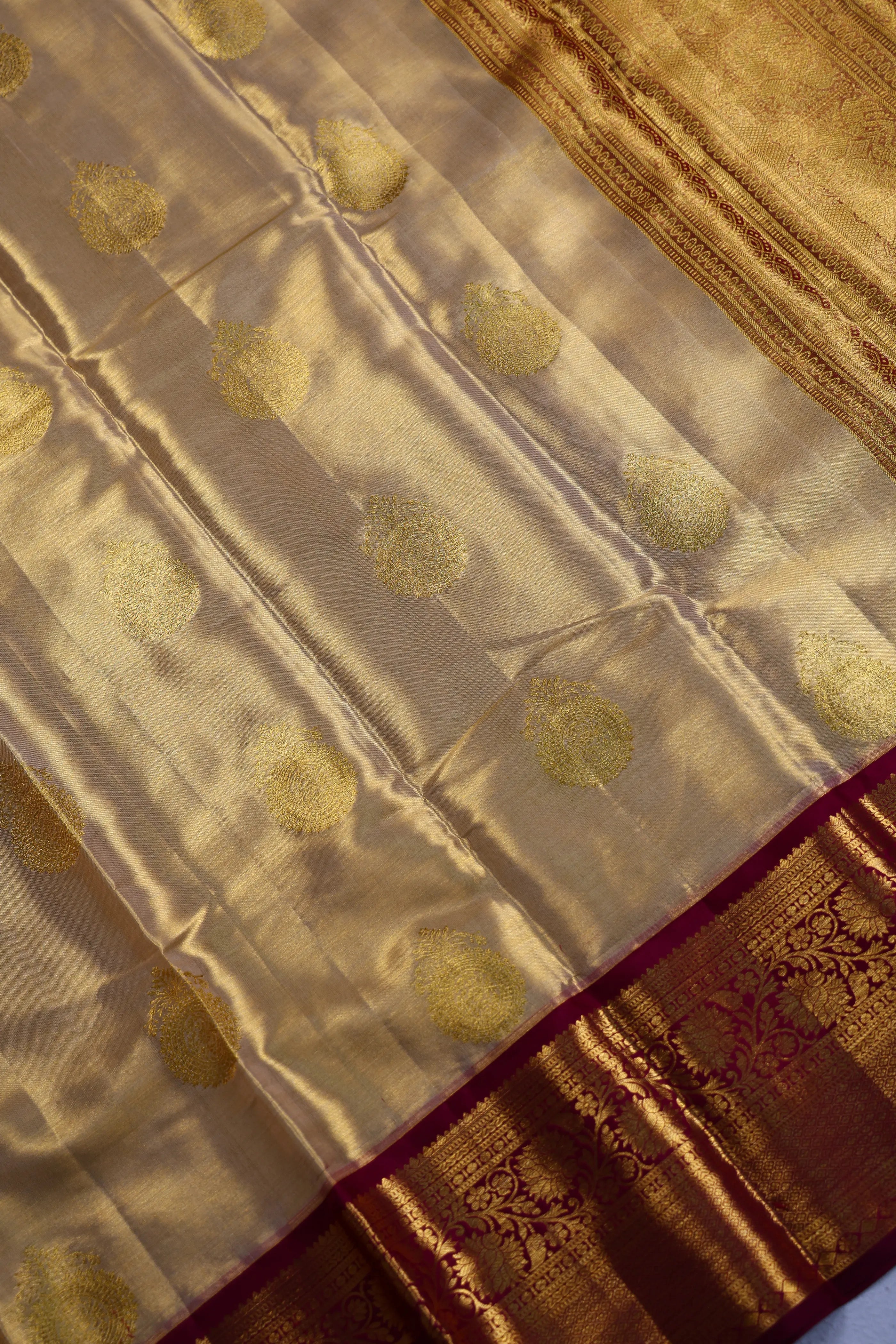 Beige And Wine Tissue Kanjivaram Saree With Blouse Piece