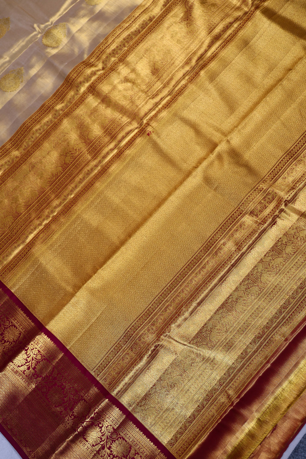 Beige And Wine Tissue Kanjivaram Saree With Blouse Piece