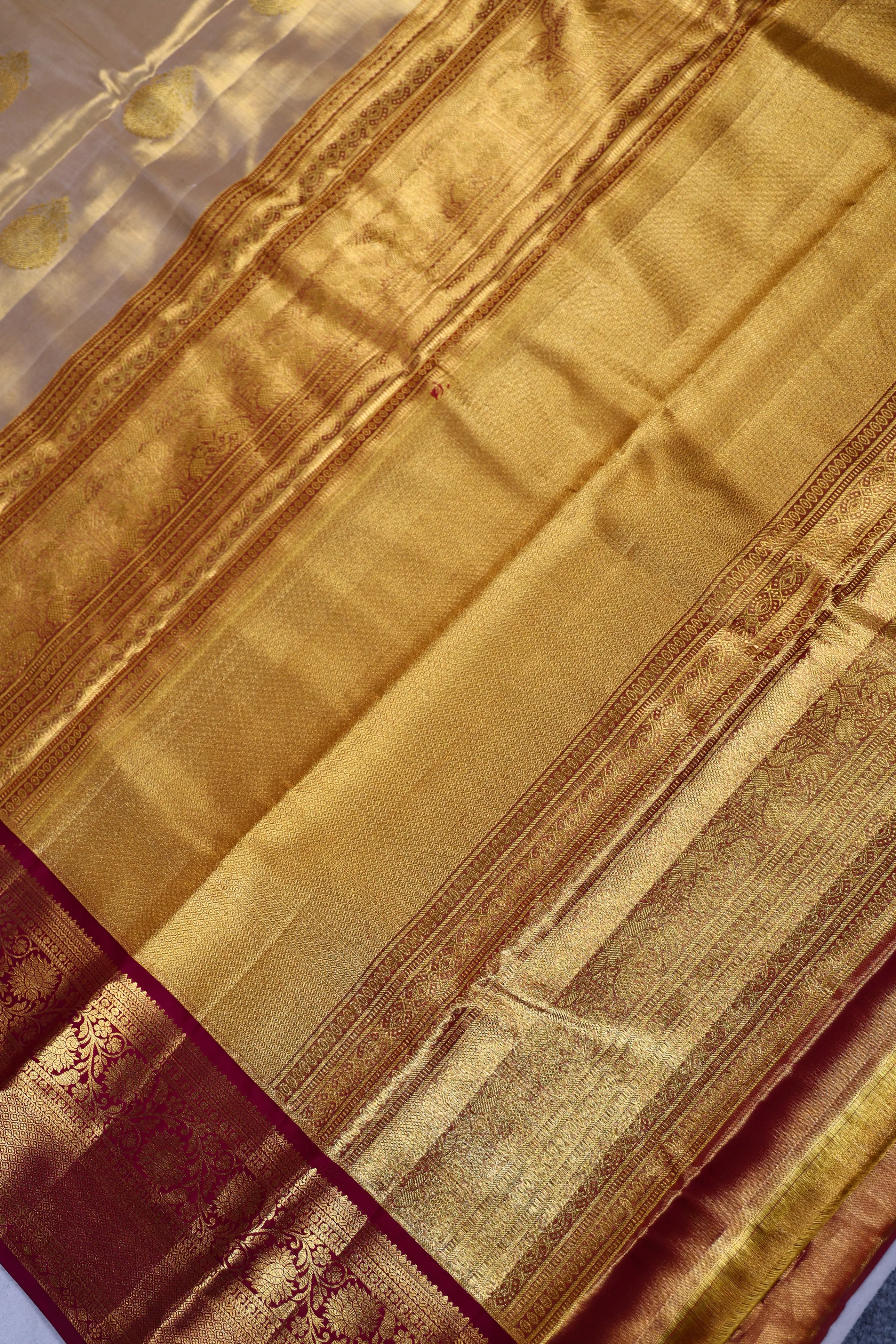Beige And Wine Tissue Kanjivaram Saree With Blouse Piece