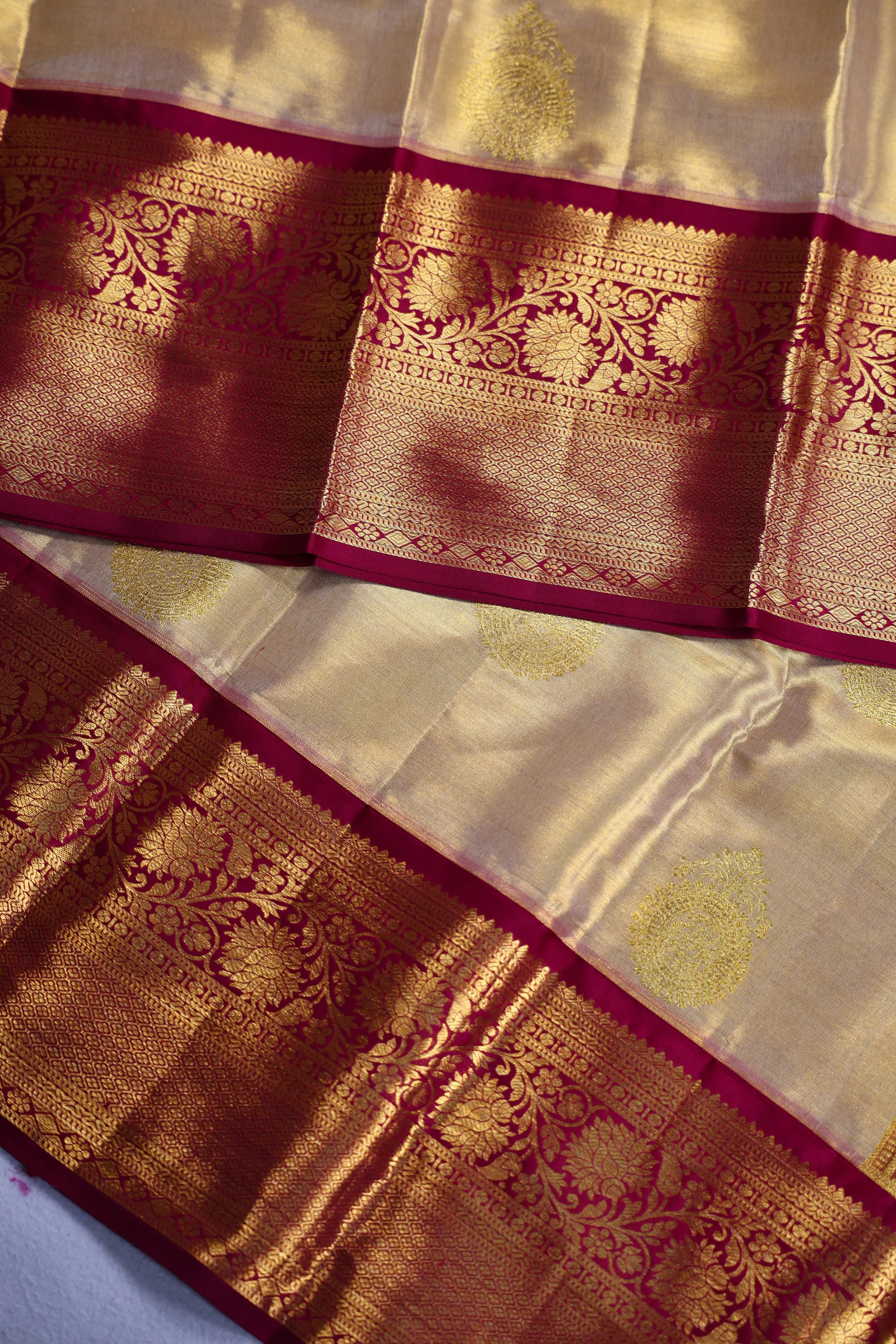 Beige And Wine Tissue Kanjivaram Saree With Blouse Piece