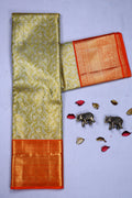 Lemon Green And Orange Brocade Kanjivaram Saree With Blouse Piece