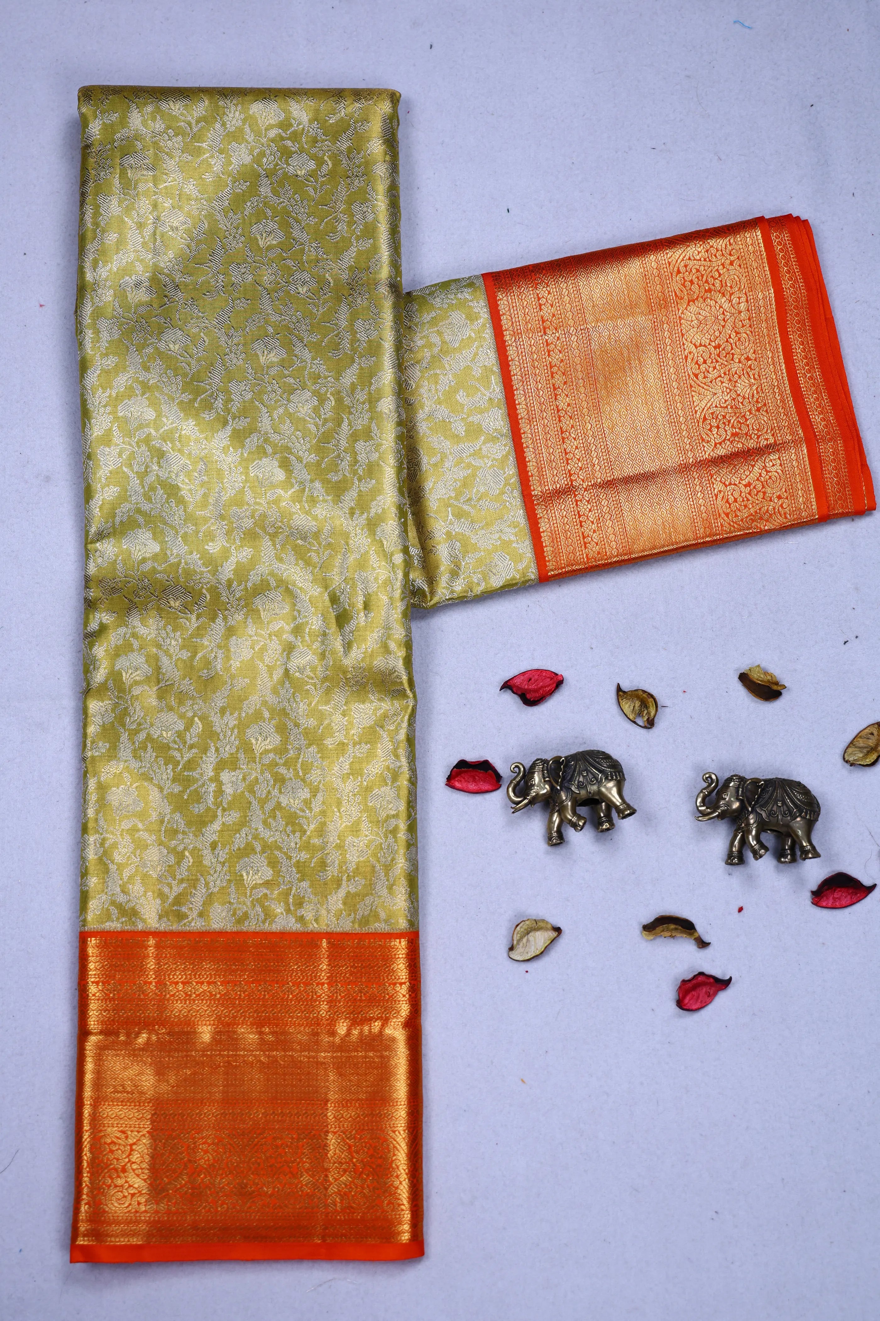 Lemon Green And Orange Brocade Kanjivaram Saree With Blouse Piece