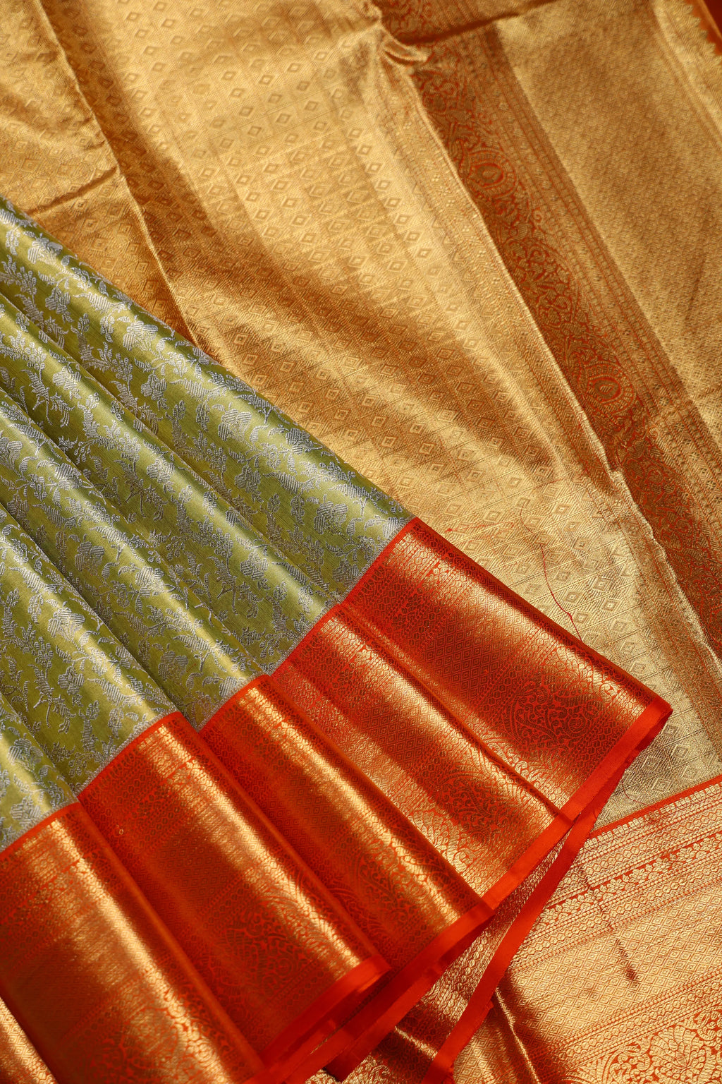 Lemon Green And Orange Brocade Kanjivaram Saree With Blouse Piece
