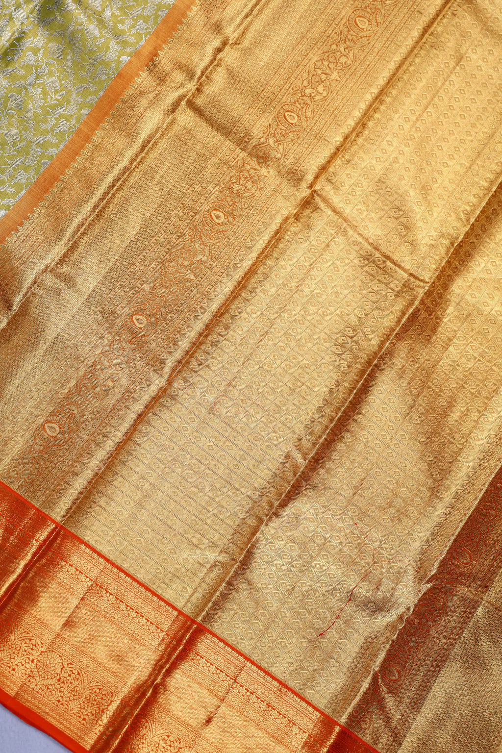 Lemon Green And Orange Brocade Kanjivaram Saree With Blouse Piece