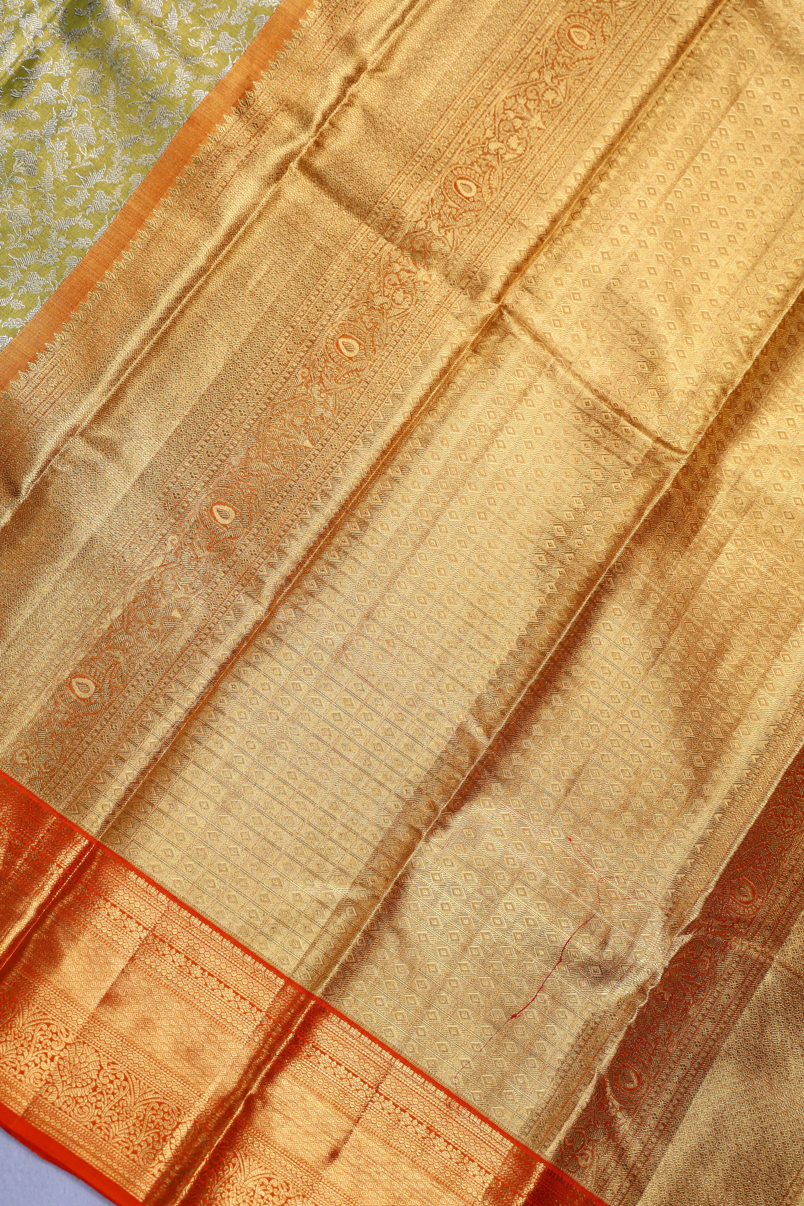 Lemon Green And Orange Brocade Kanjivaram Saree With Blouse Piece