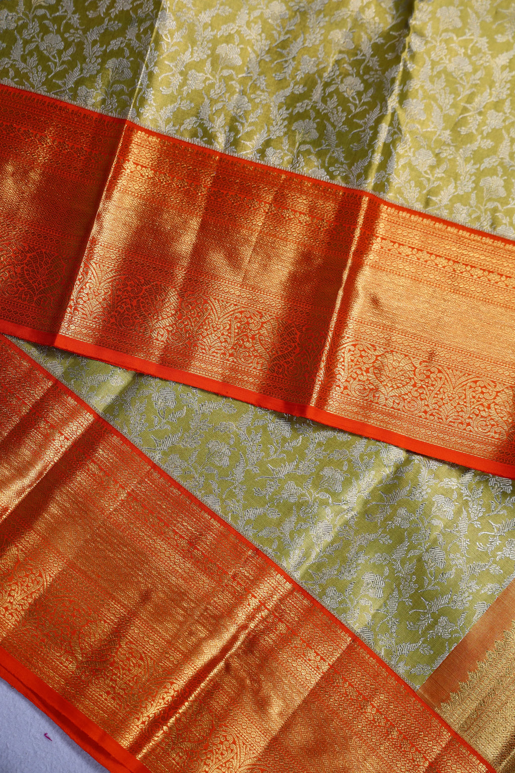 Lemon Green And Orange Brocade Kanjivaram Saree With Blouse Piece