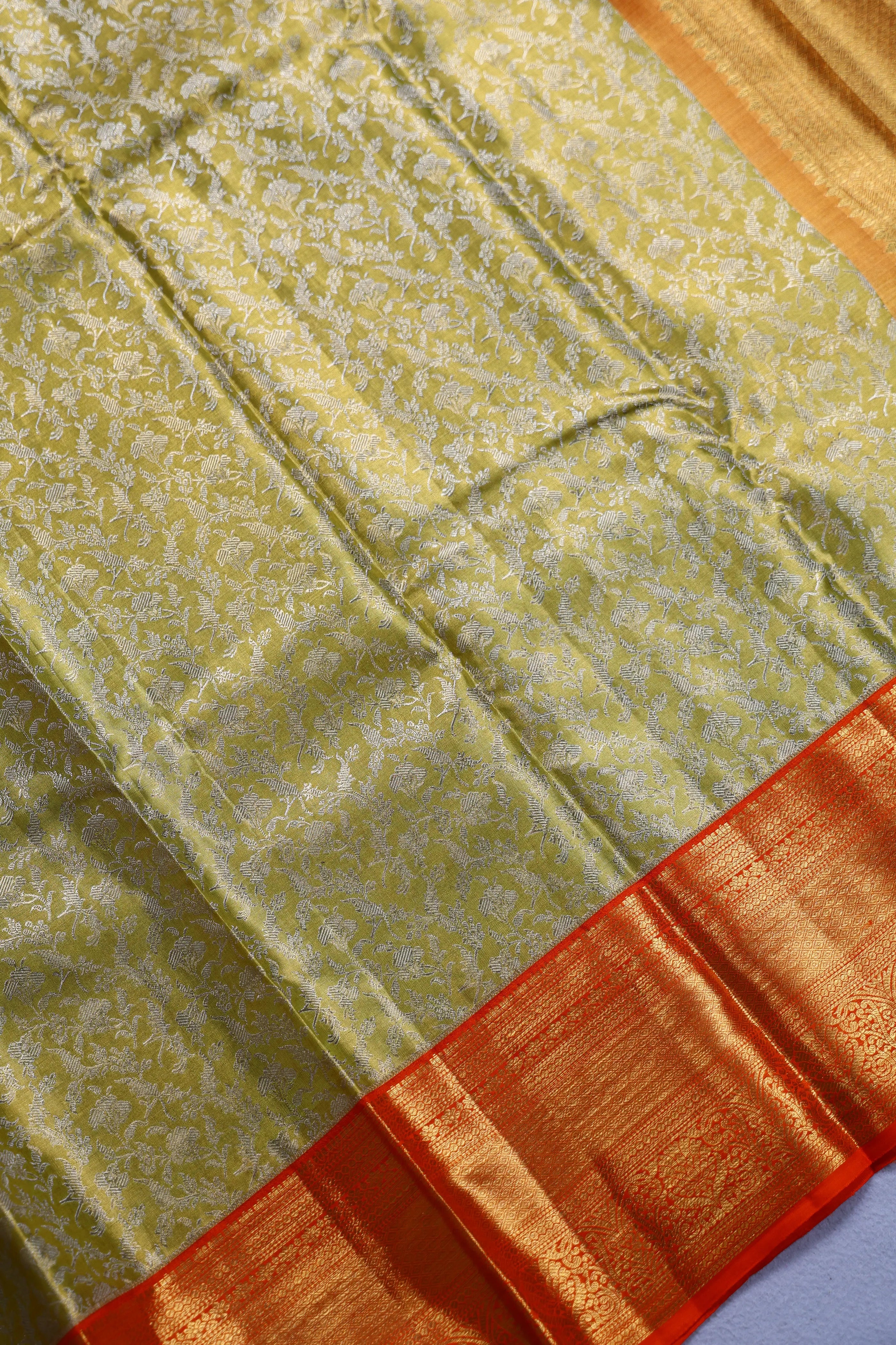 Lemon Green And Orange Brocade Kanjivaram Saree With Blouse Piece