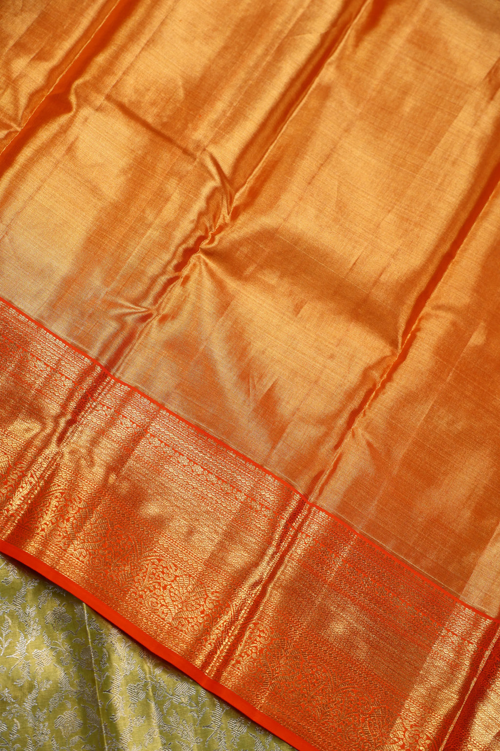 Lemon Green And Orange Brocade Kanjivaram Saree With Blouse Piece