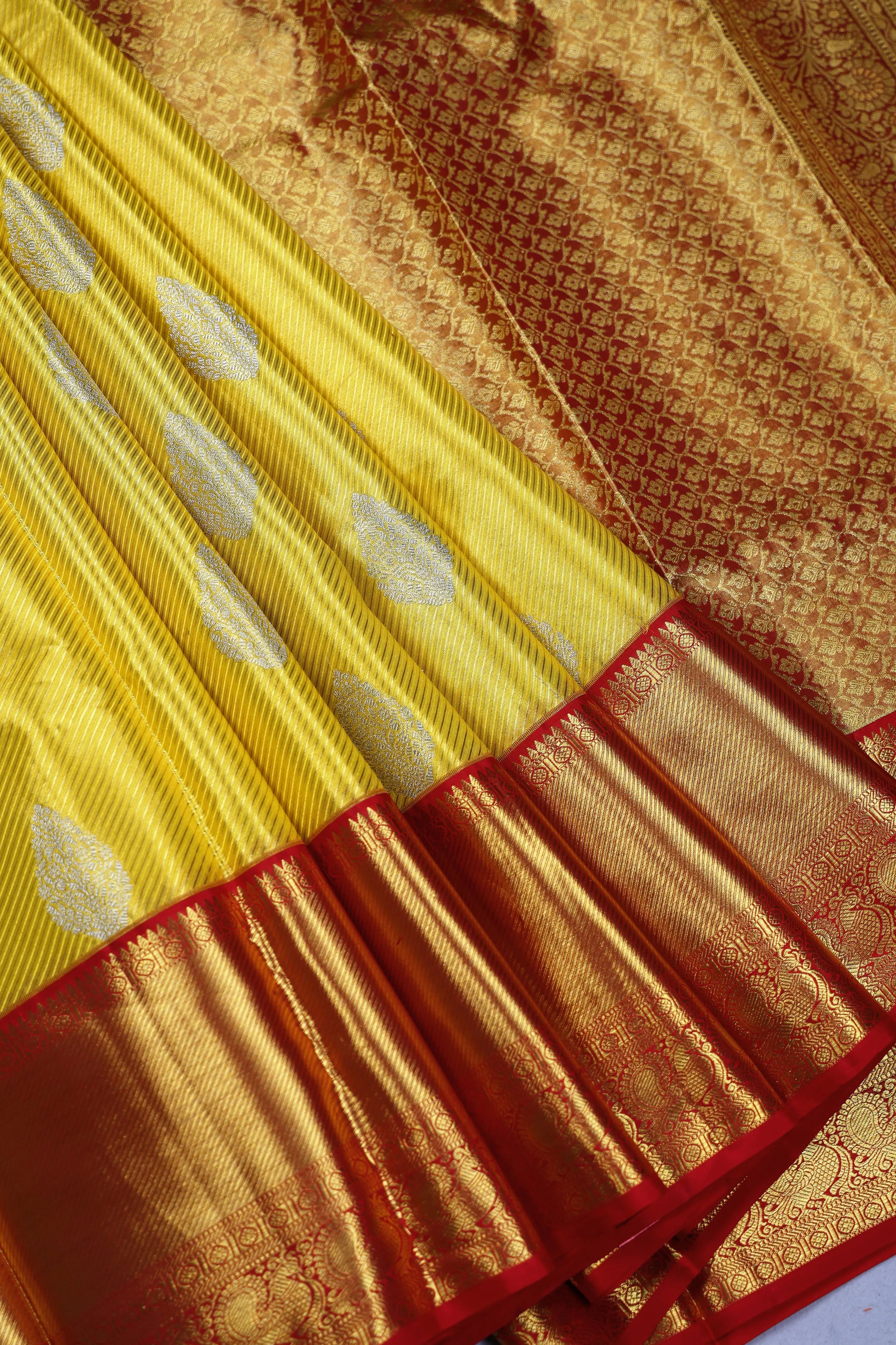 Yellow And Red Tissue Kanjivaram Saree With Blouse Piece