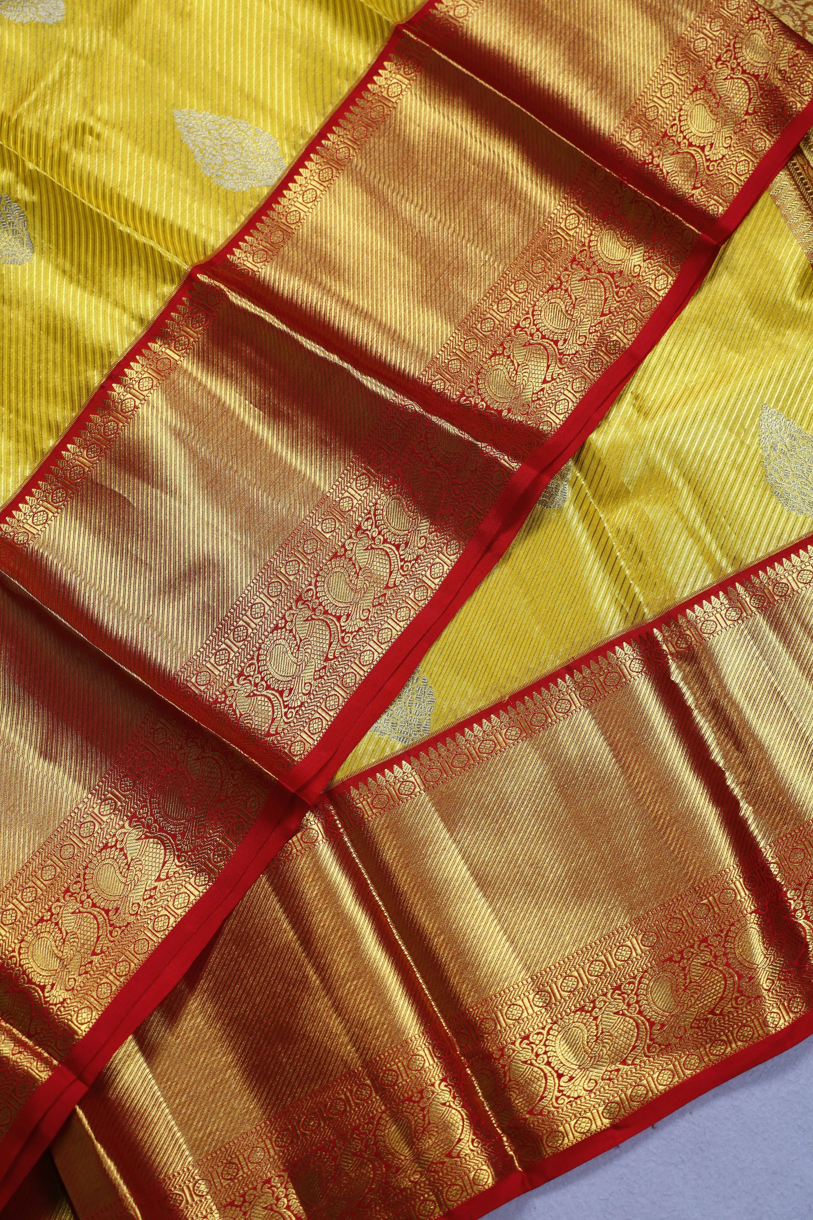 Yellow And Red Tissue Kanjivaram Saree With Blouse Piece