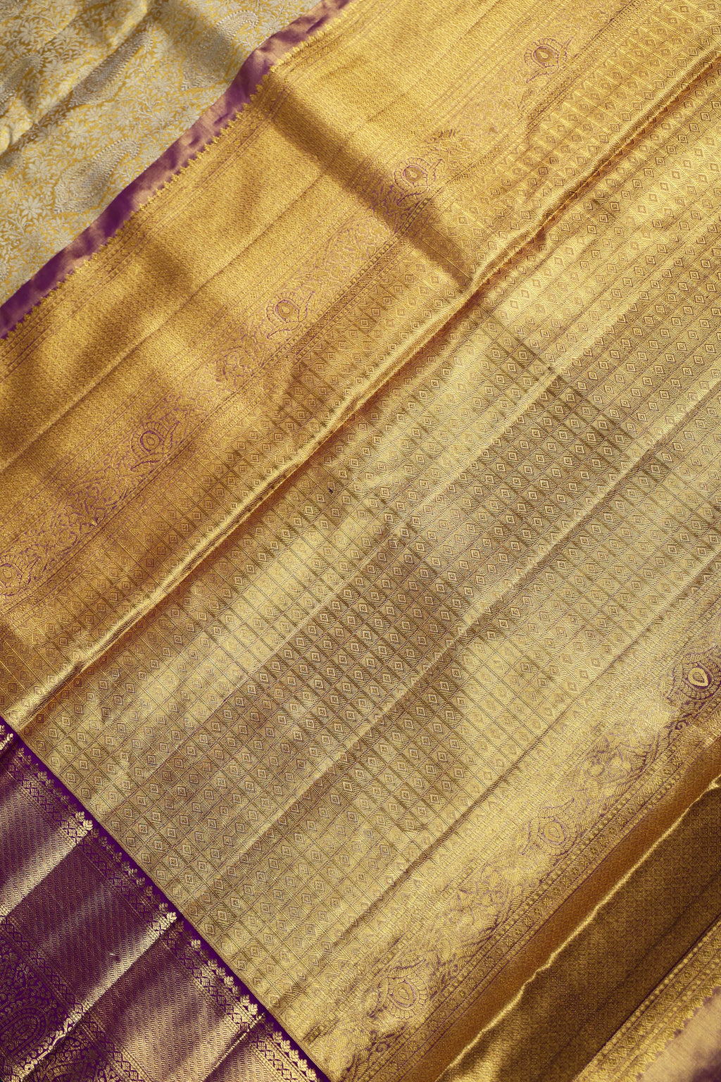 Golden And Purple Brocade Kanjivaram Saree With Blouse Piece