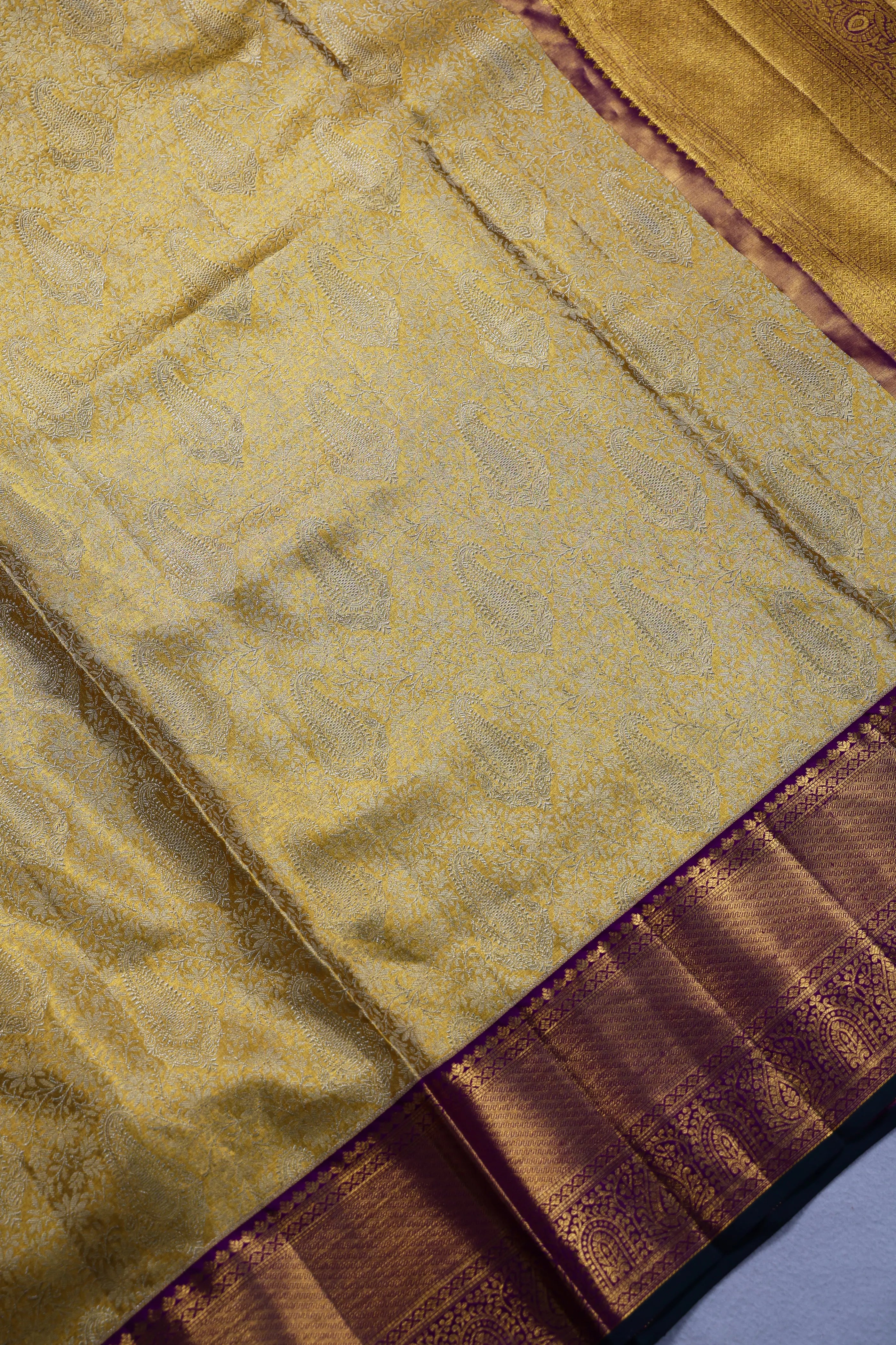 Golden And Purple Brocade Kanjivaram Saree With Blouse Piece