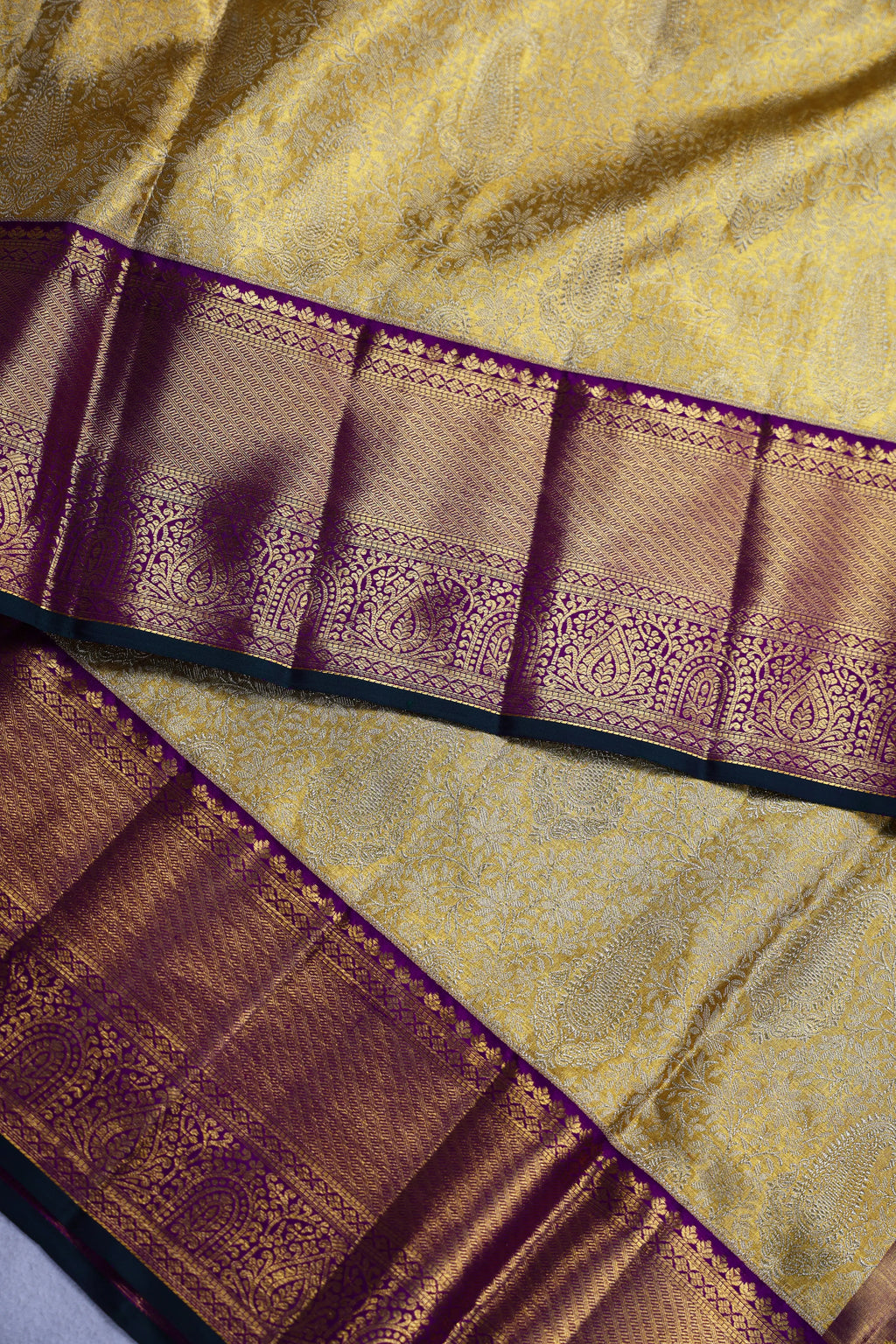 Golden And Purple Brocade Kanjivaram Saree With Blouse Piece