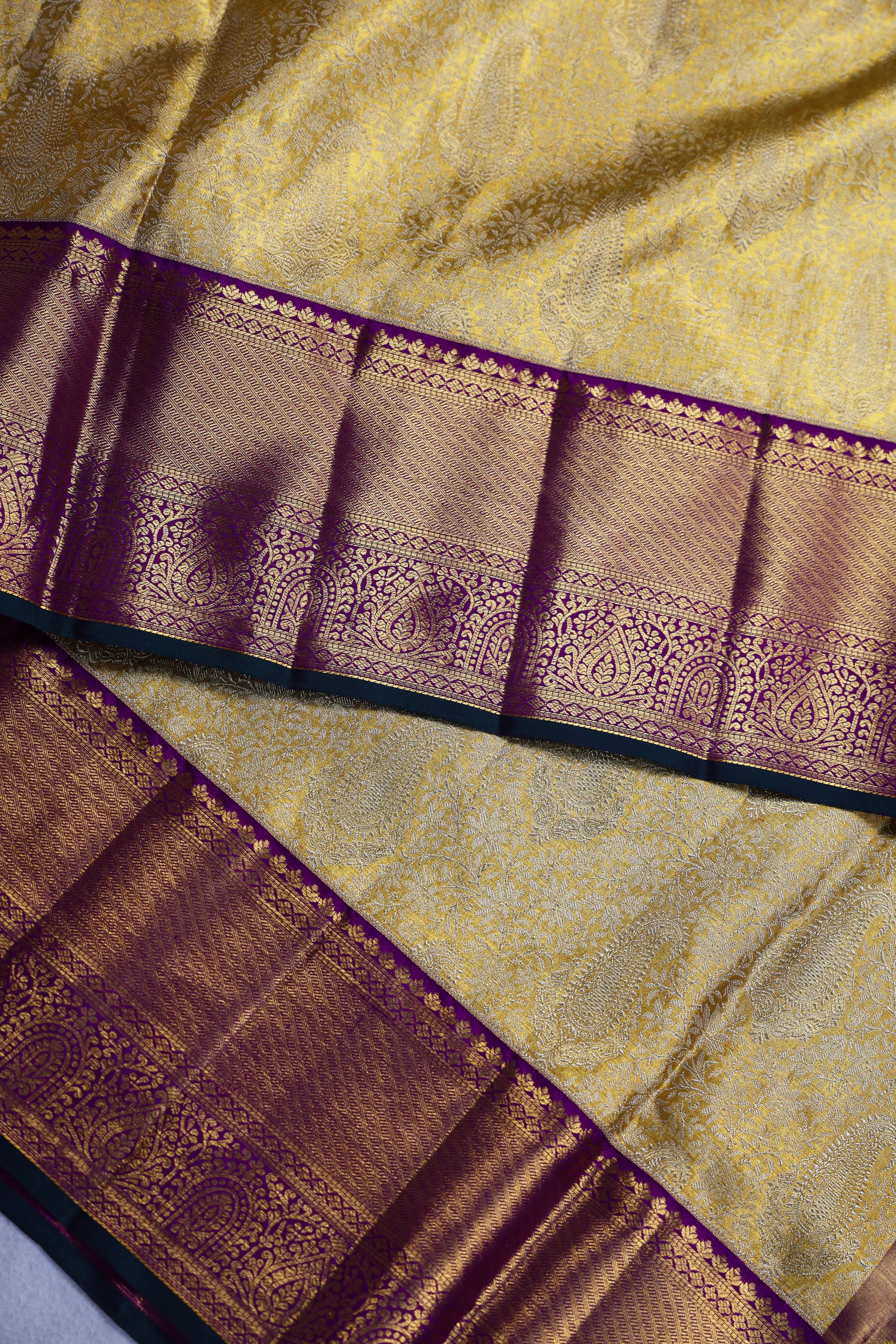 Golden And Purple Brocade Kanjivaram Saree With Blouse Piece