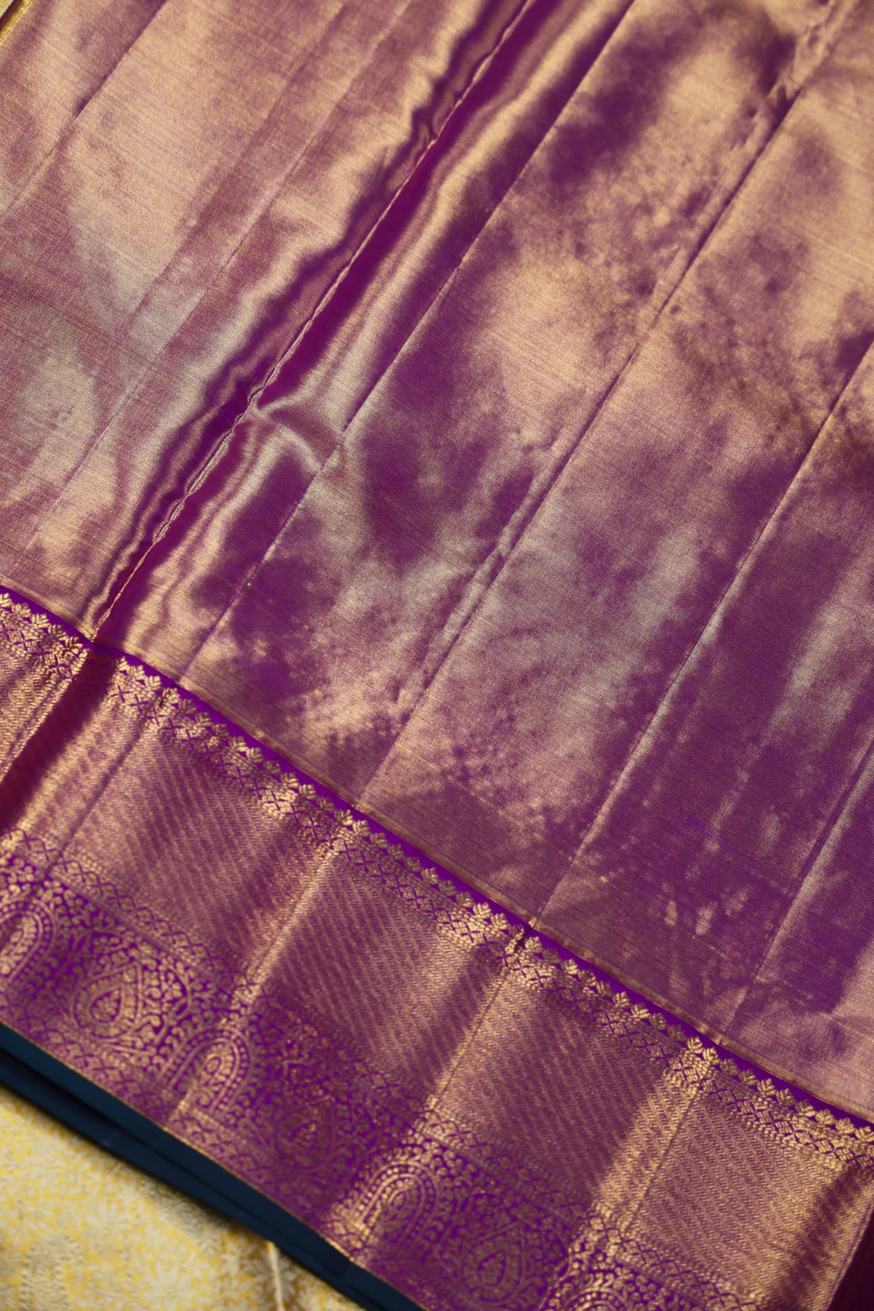 Golden And Purple Brocade Kanjivaram Saree With Blouse Piece