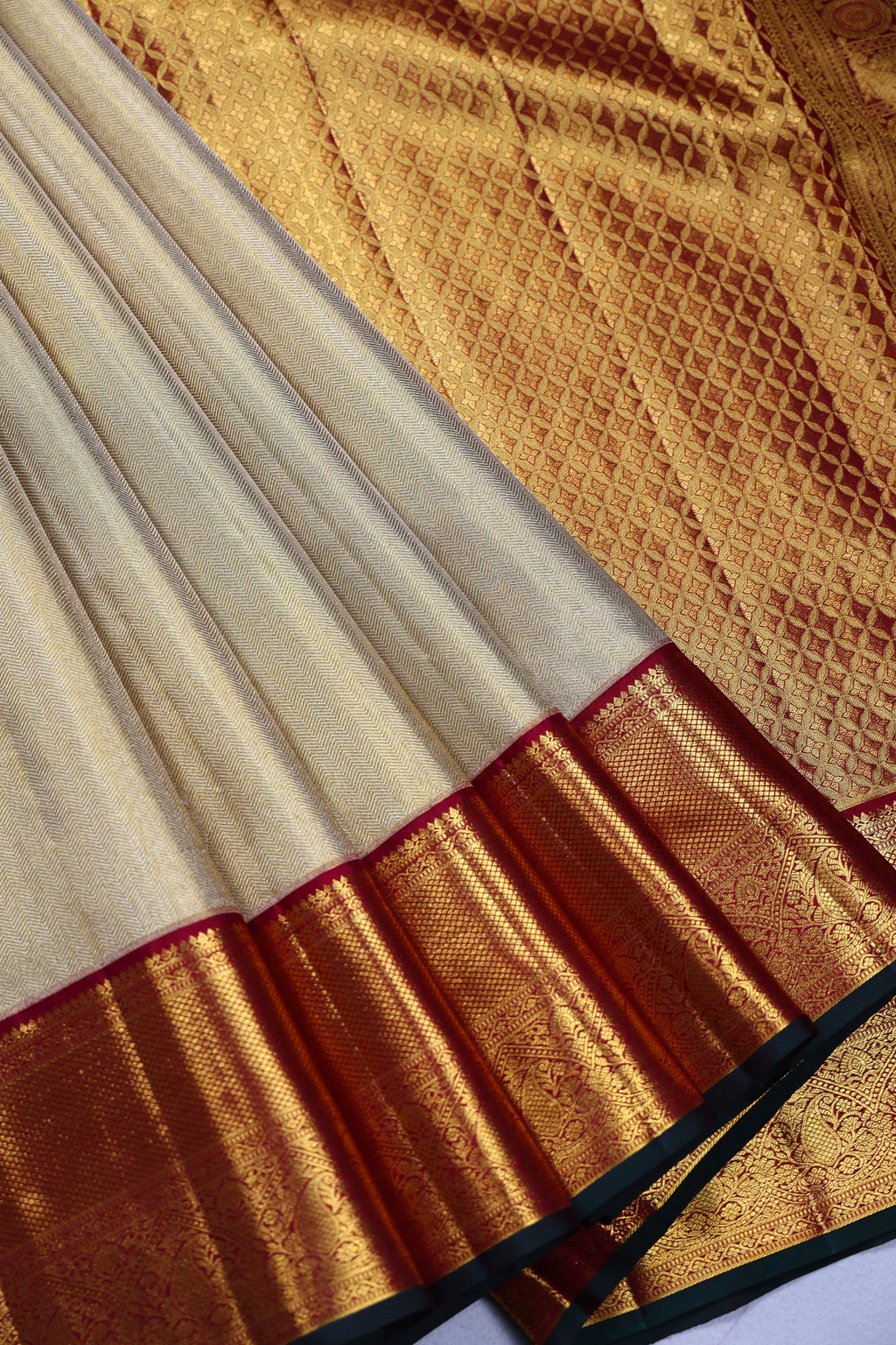 Beige And Maroon Brocade Kanjivaram Saree With Blouse Piece