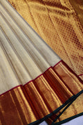 Beige And Maroon Brocade Kanjivaram Saree With Blouse Piece