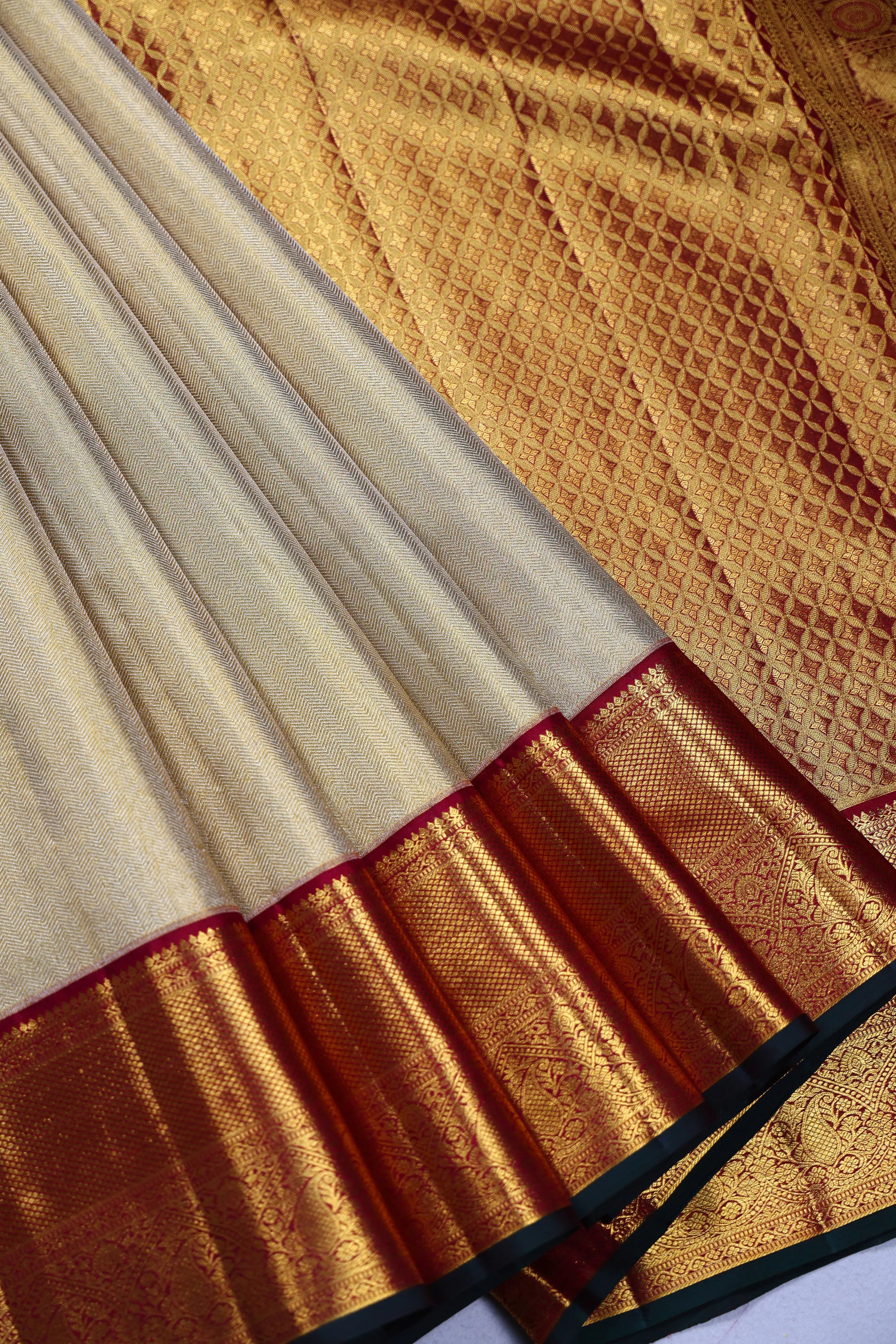 Beige And Maroon Brocade Kanjivaram Saree With Blouse Piece