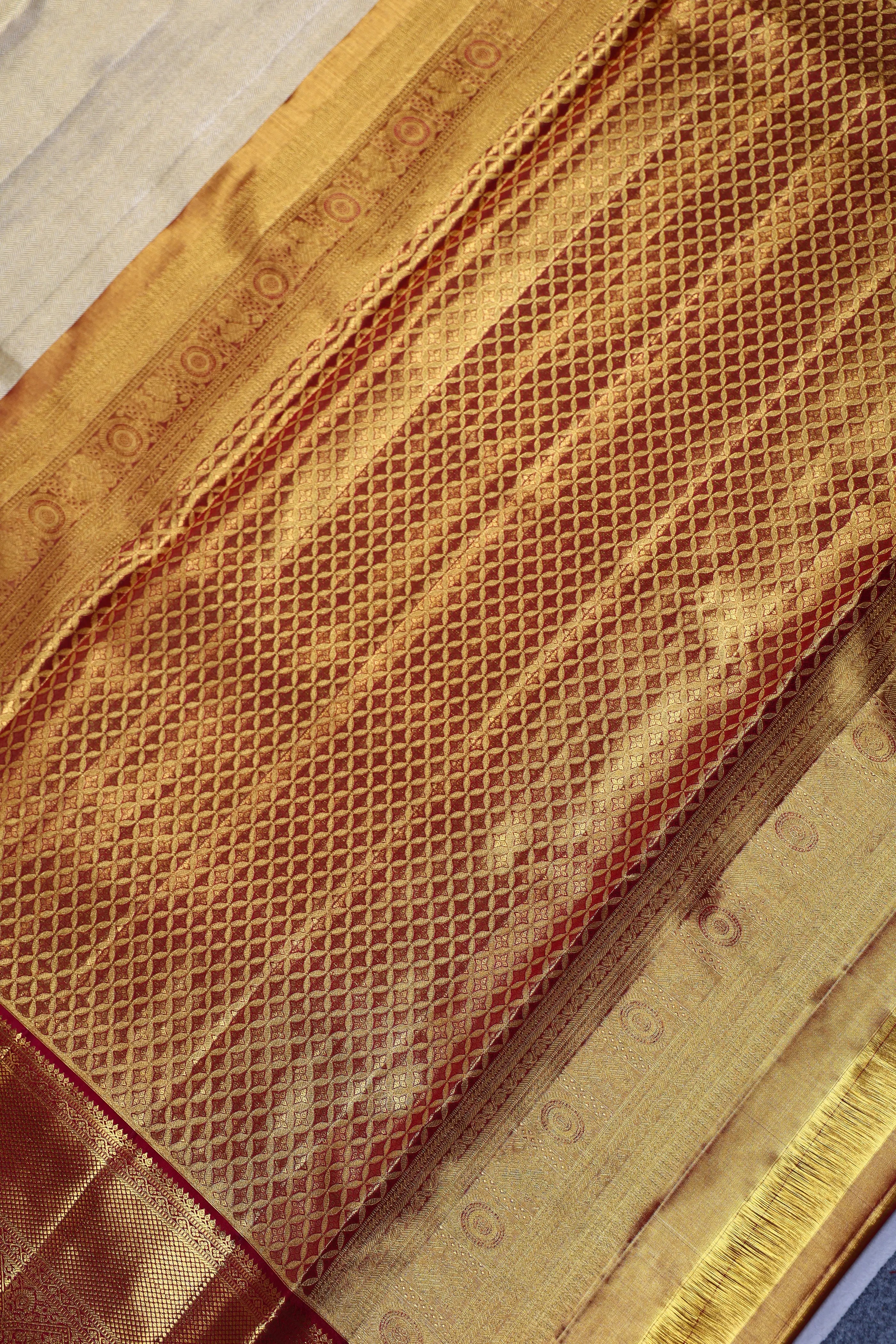 Beige And Maroon Brocade Kanjivaram Saree With Blouse Piece