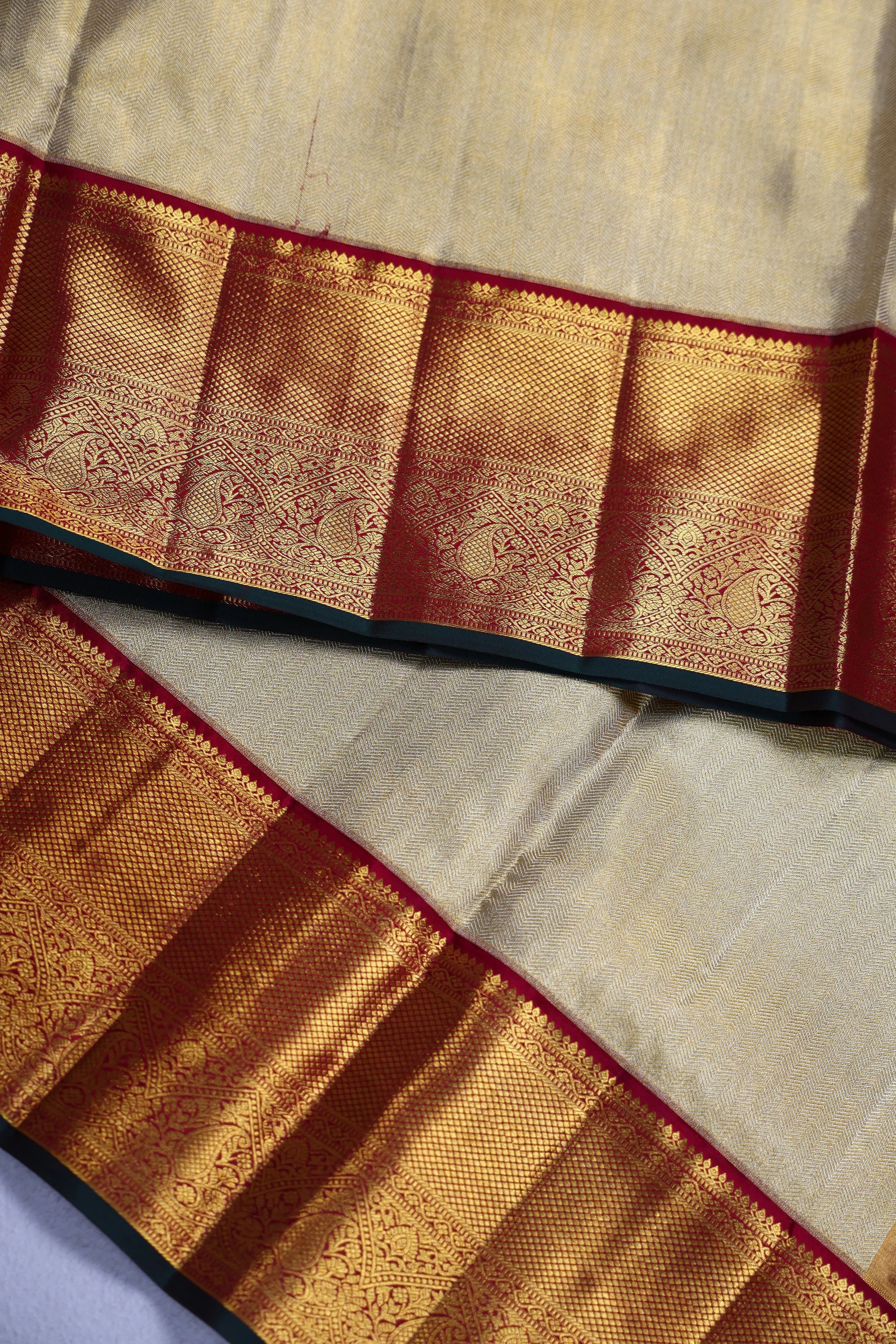 Beige And Maroon Brocade Kanjivaram Saree With Blouse Piece
