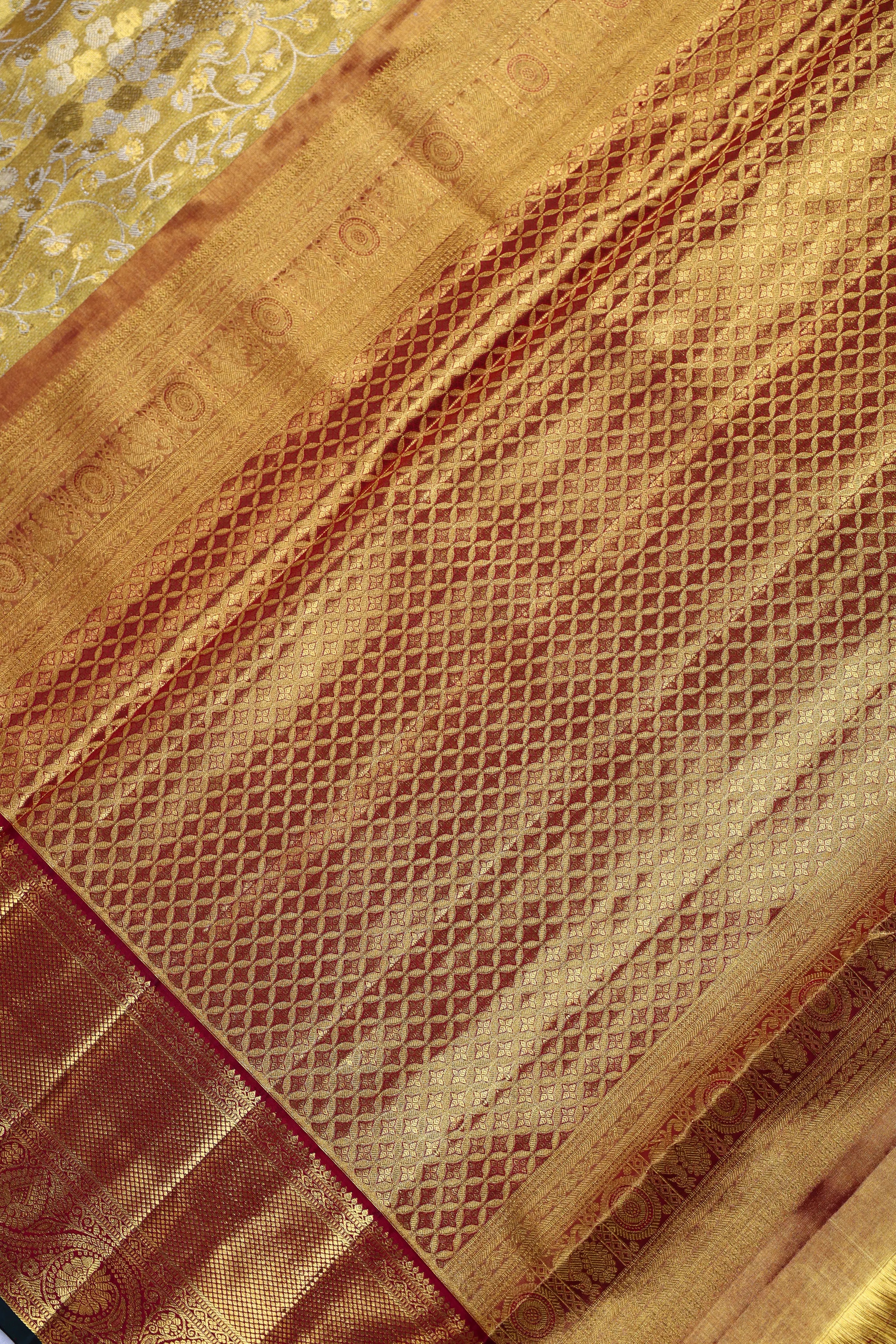 Yellow And Maroon Brocade Kanjivaram Saree With Blouse Piece