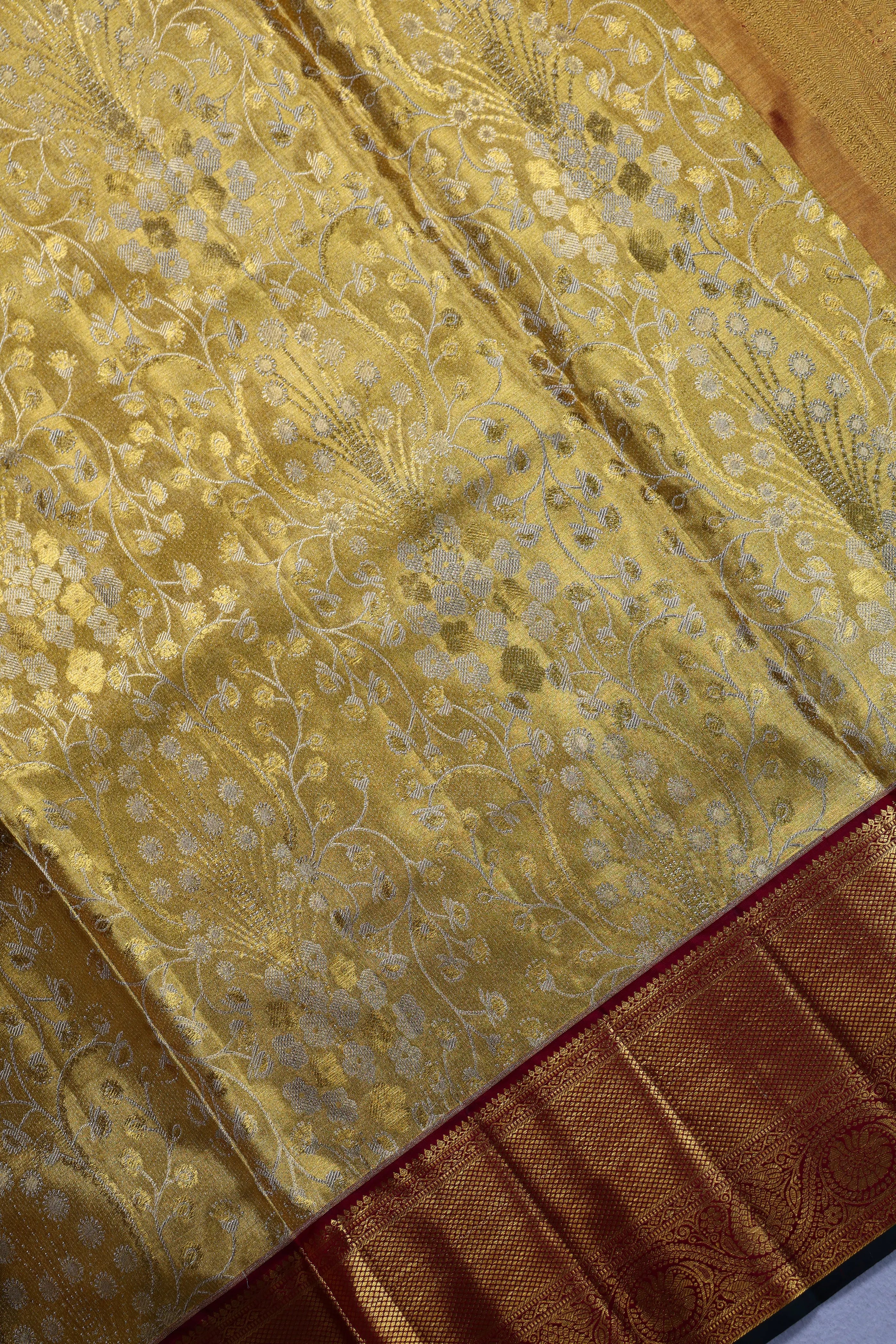 Yellow And Maroon Brocade Kanjivaram Saree With Blouse Piece