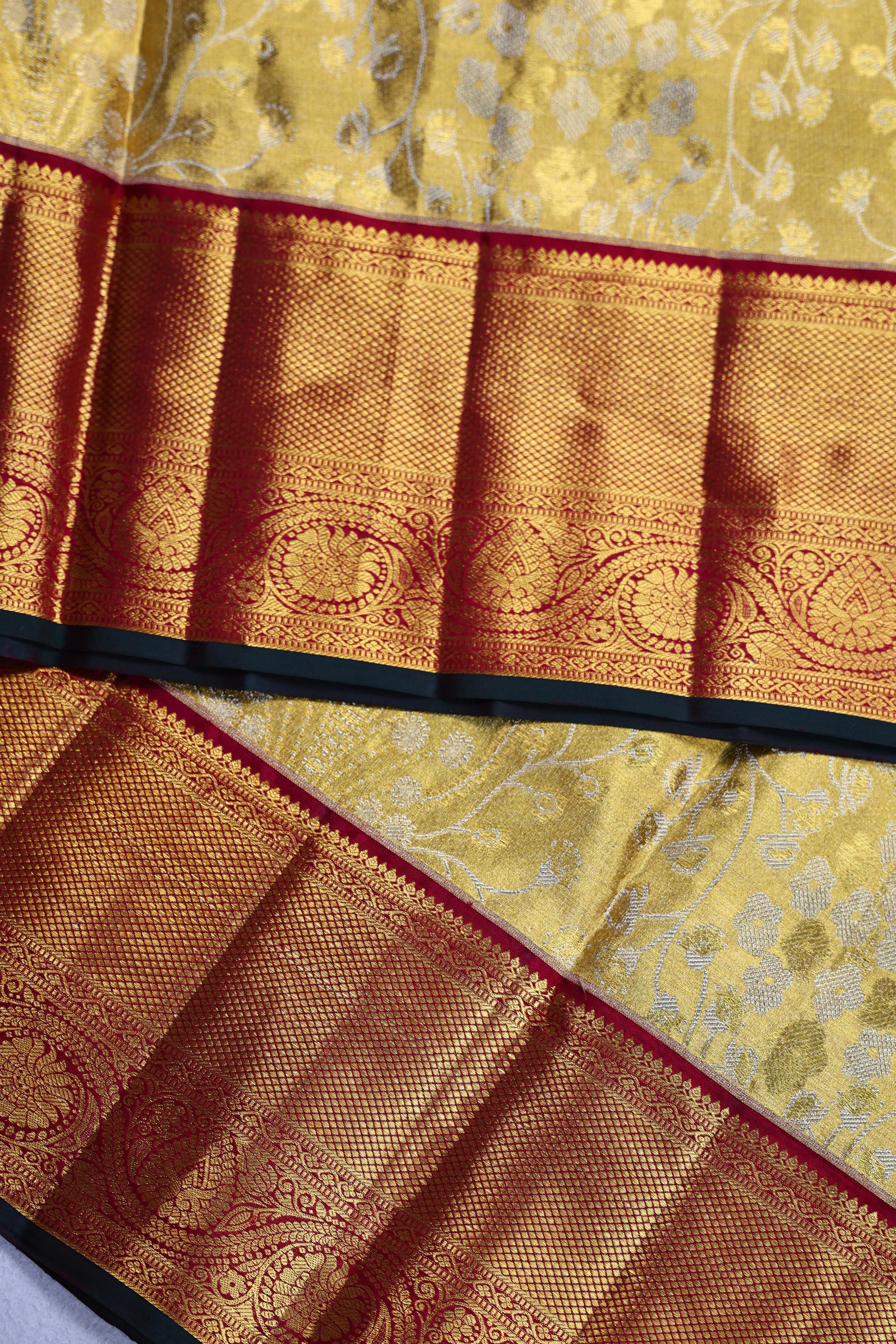 Yellow And Maroon Brocade Kanjivaram Saree With Blouse Piece