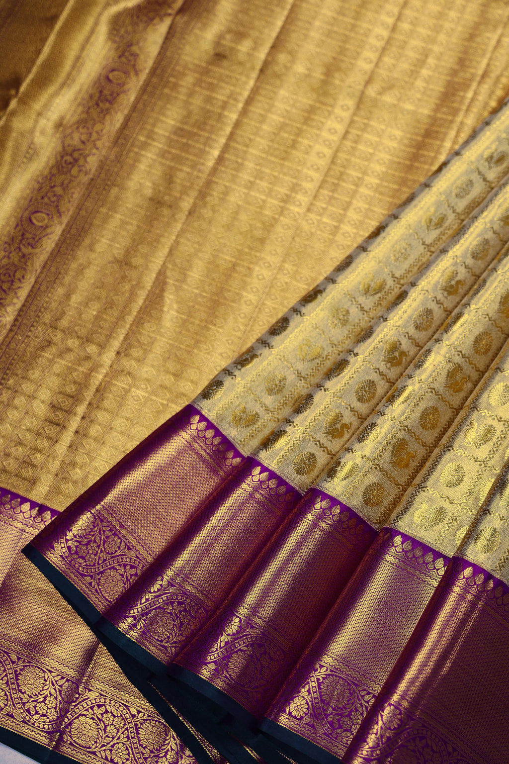 Beige And Purple Brocade Kanjivaram Saree With Blouse Piece