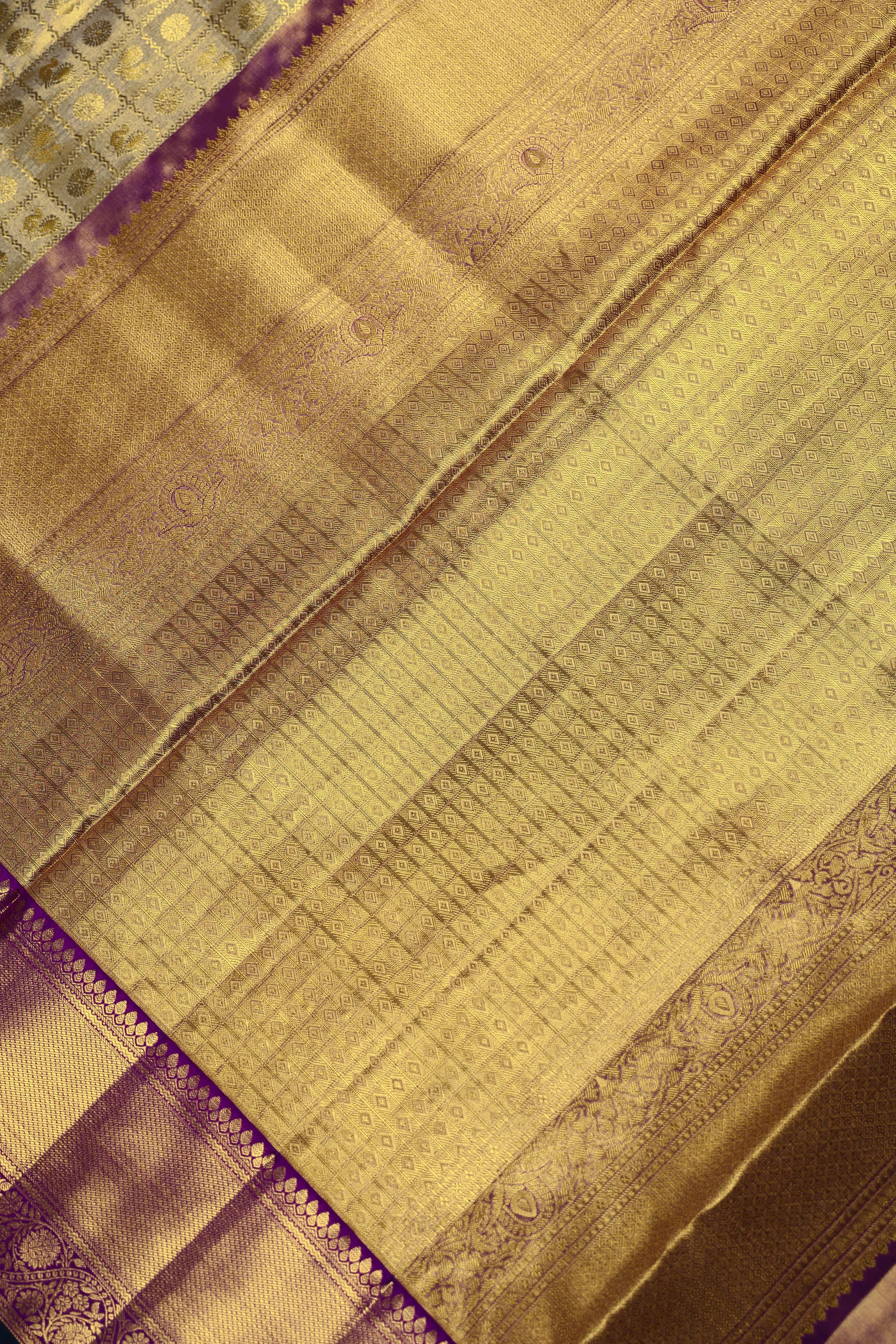 Beige And Purple Brocade Kanjivaram Saree With Blouse Piece