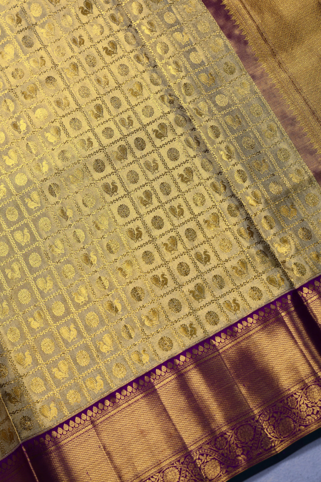 Beige And Purple Brocade Kanjivaram Saree With Blouse Piece