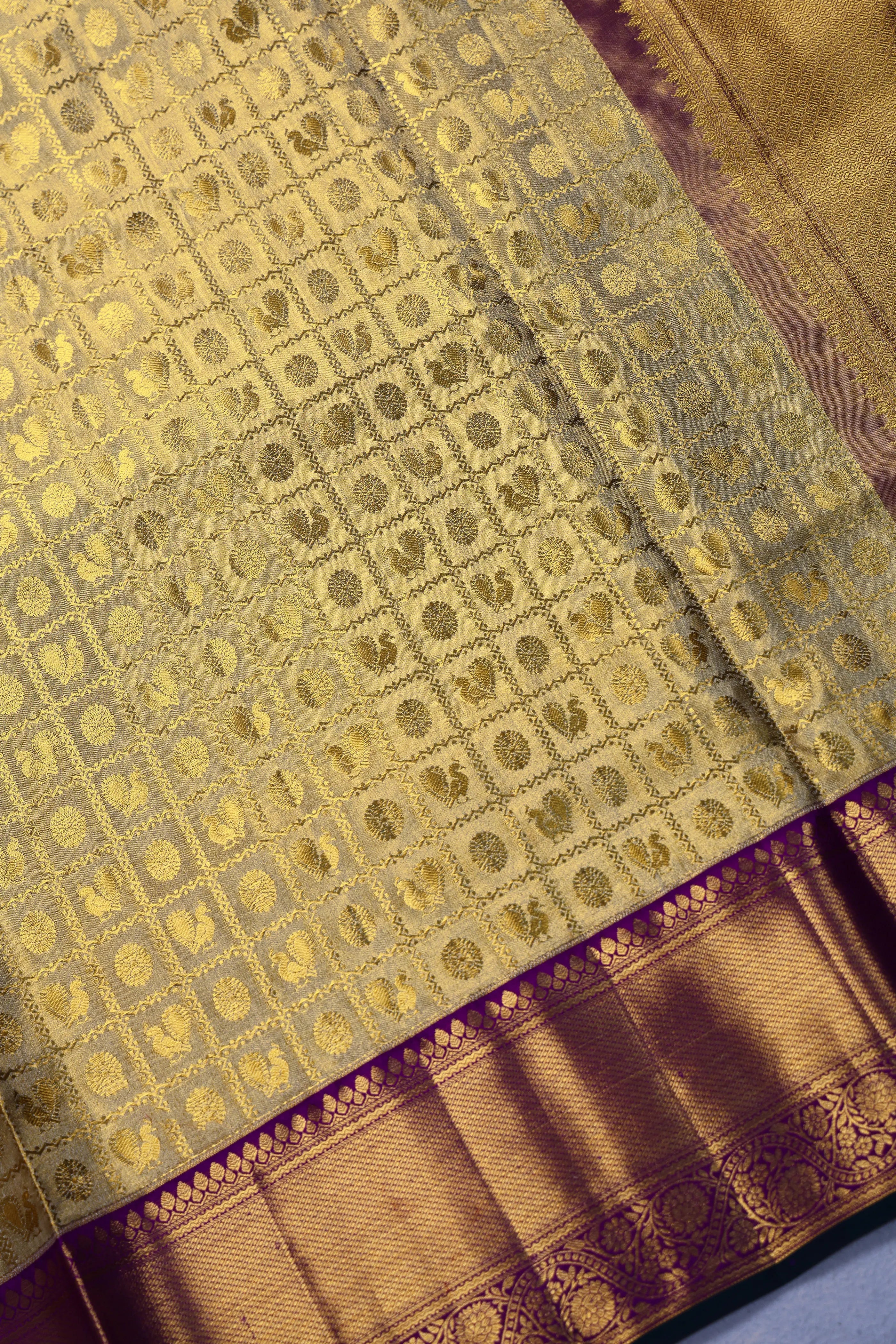 Beige And Purple Brocade Kanjivaram Saree With Blouse Piece
