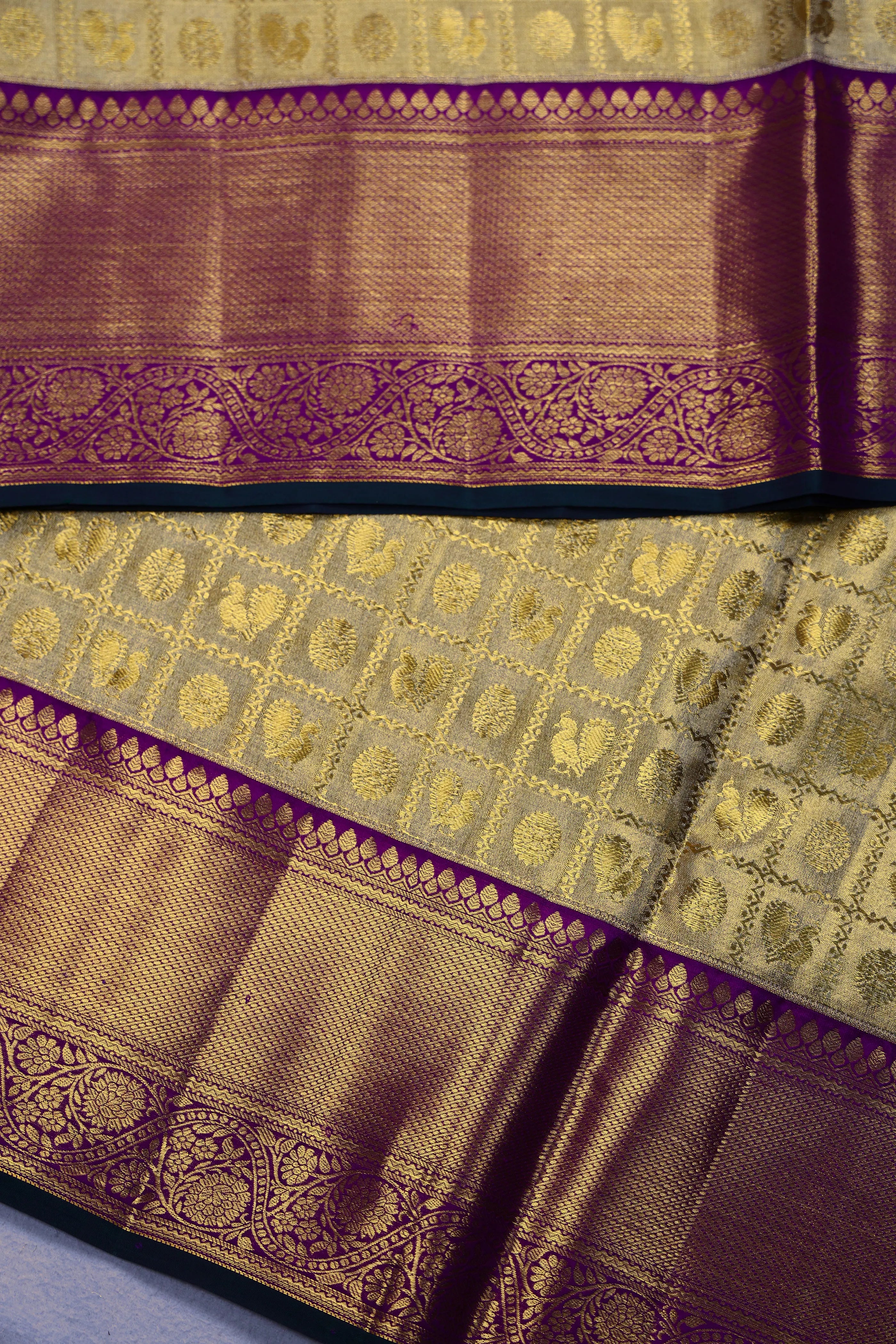 Beige And Purple Brocade Kanjivaram Saree With Blouse Piece