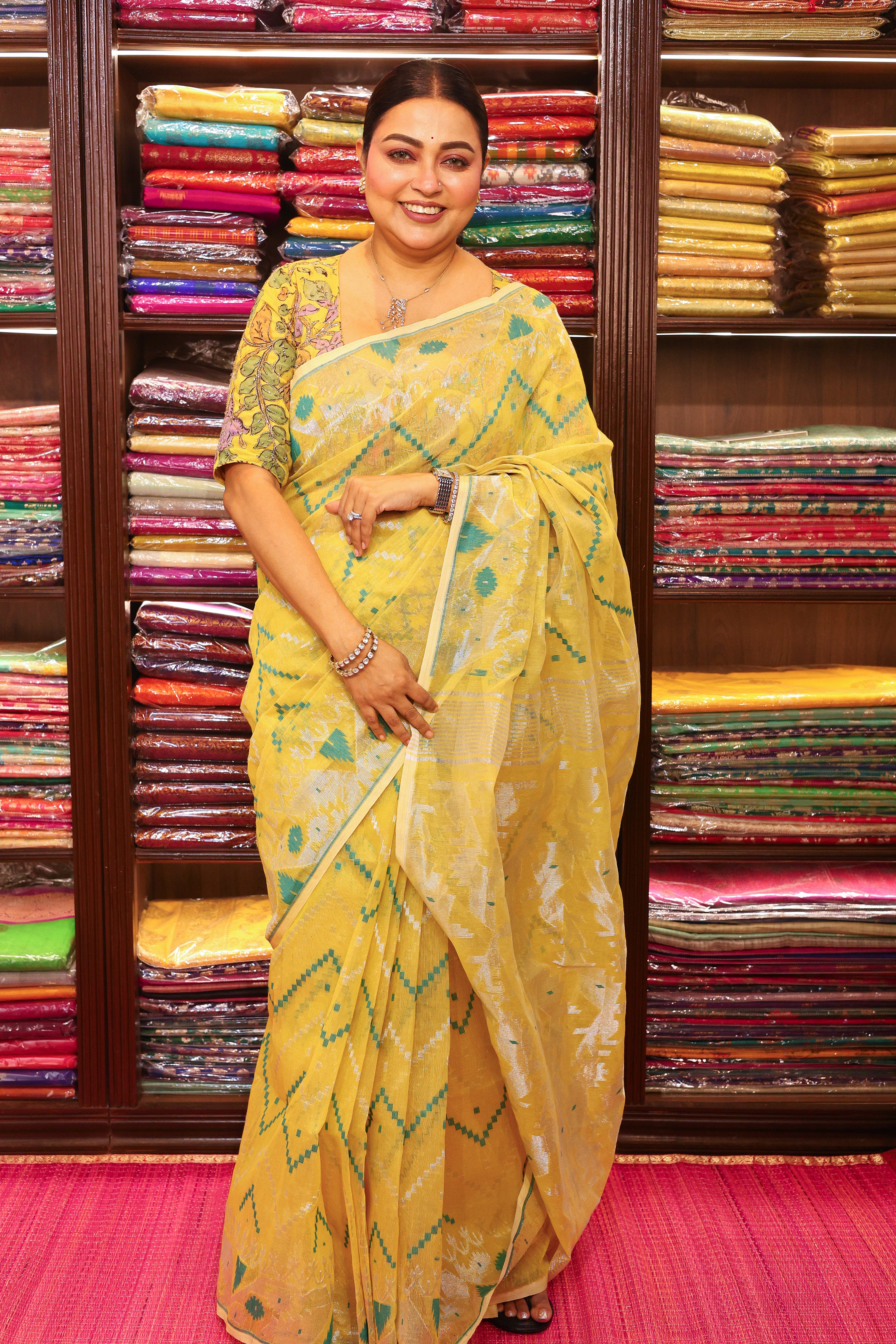 Mustrad Yellow Jamdani Jamdani Saree With Blouse Piece