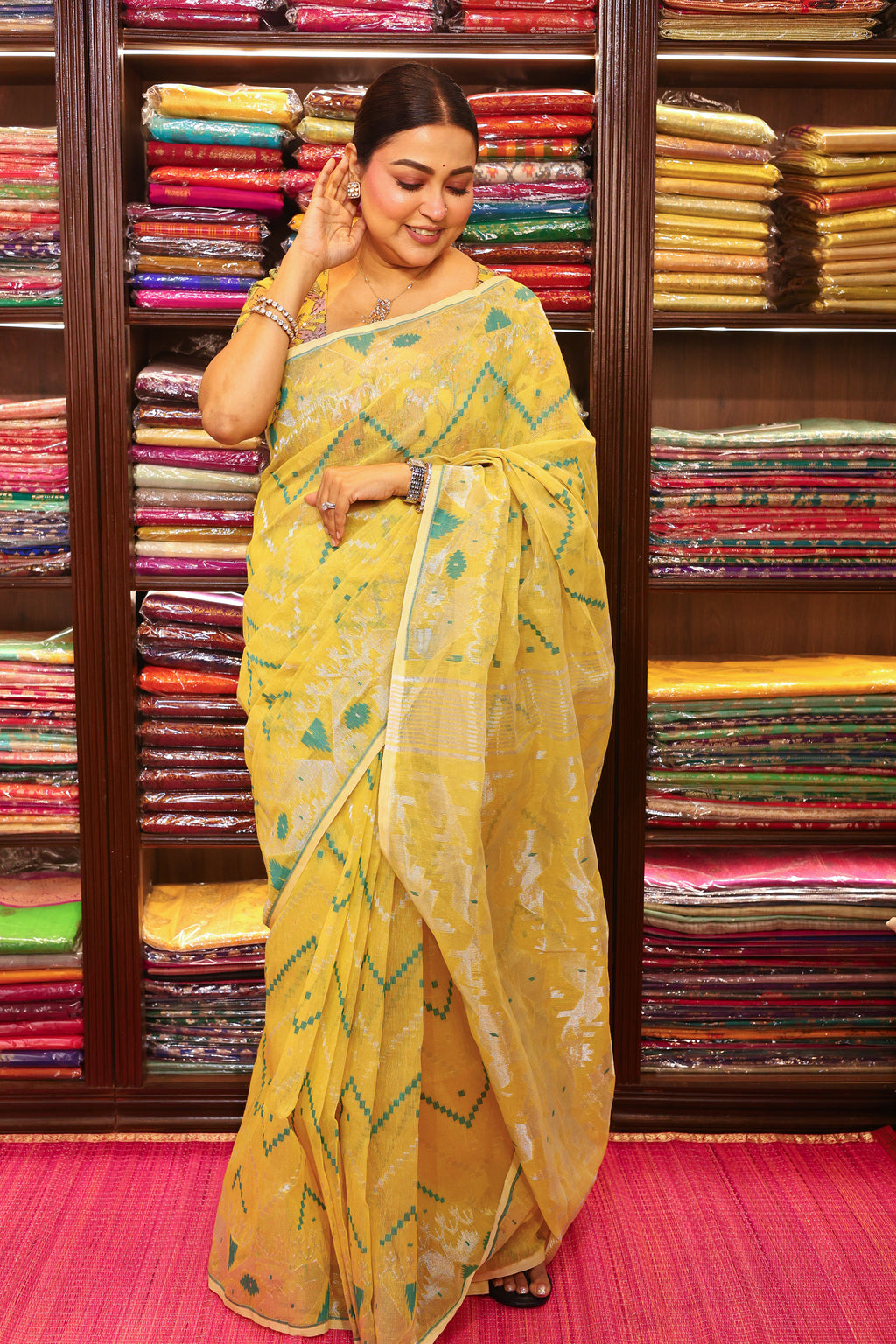 Mustrad Yellow Jamdani Jamdani Saree With Blouse Piece