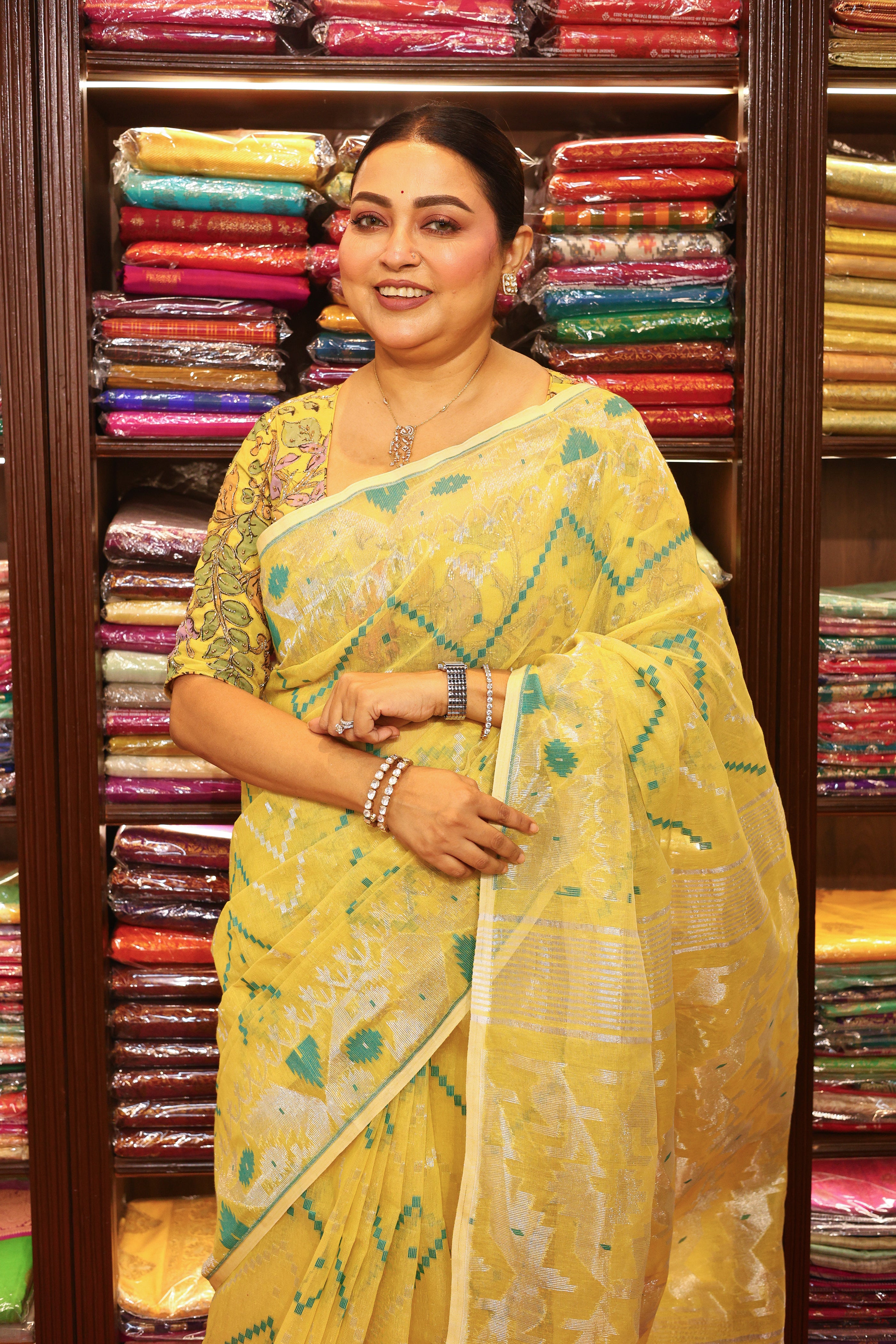 Mustrad Yellow Jamdani Jamdani Saree With Blouse Piece