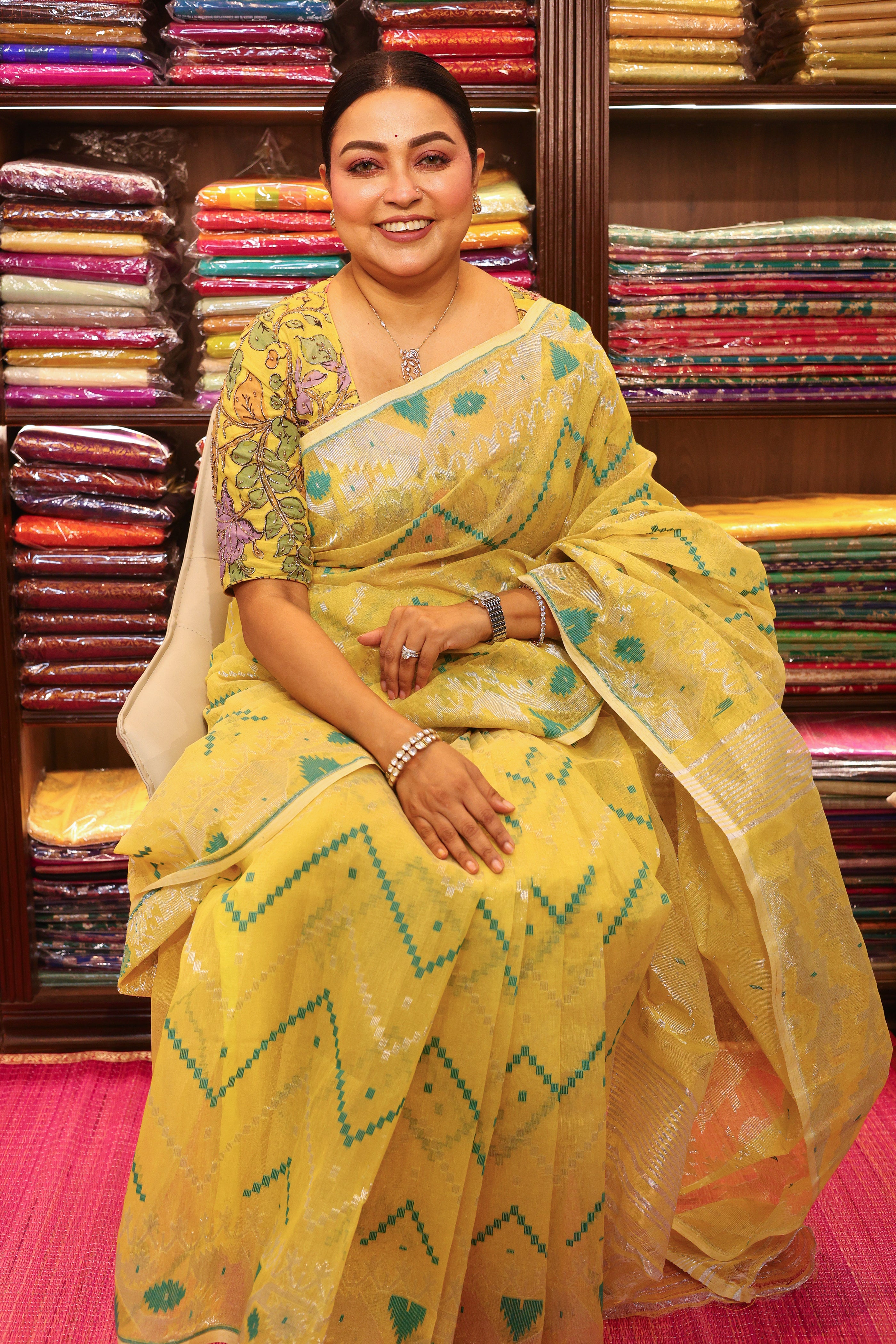 Mustrad Yellow Jamdani Jamdani Saree With Blouse Piece