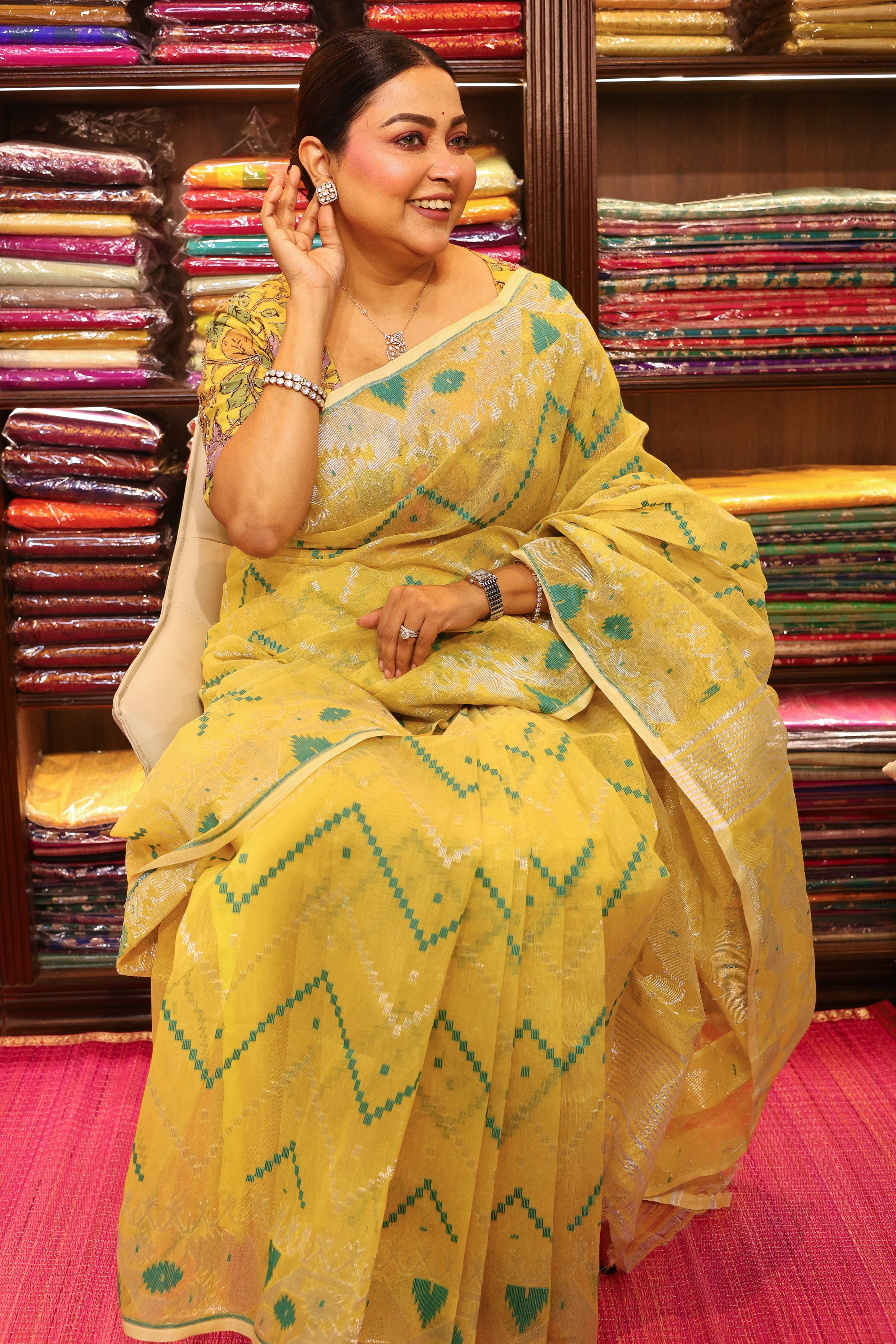 Mustrad Yellow Jamdani Jamdani Saree With Blouse Piece