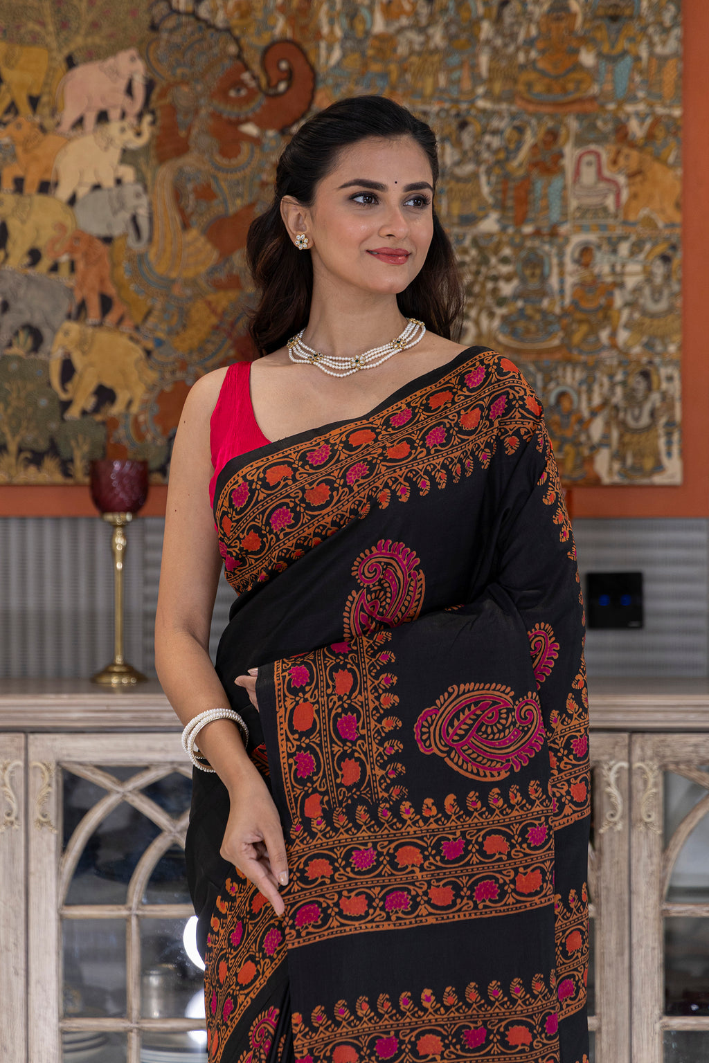 Black Katan Silk Block Print
