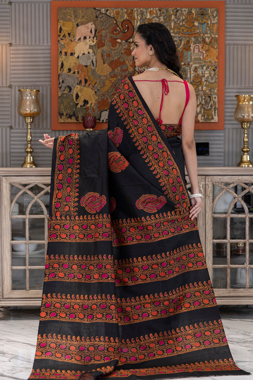 Black Katan Silk Block Print