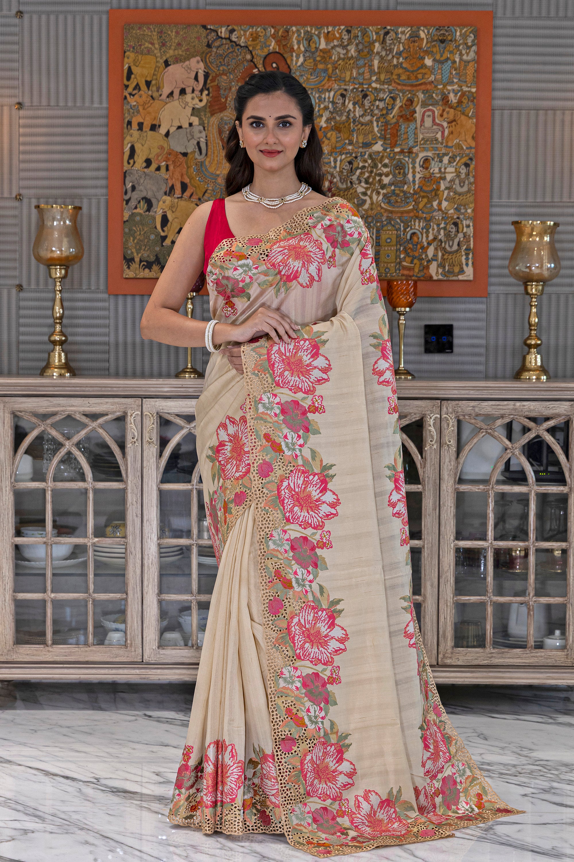 Semi Tussar Cutwork