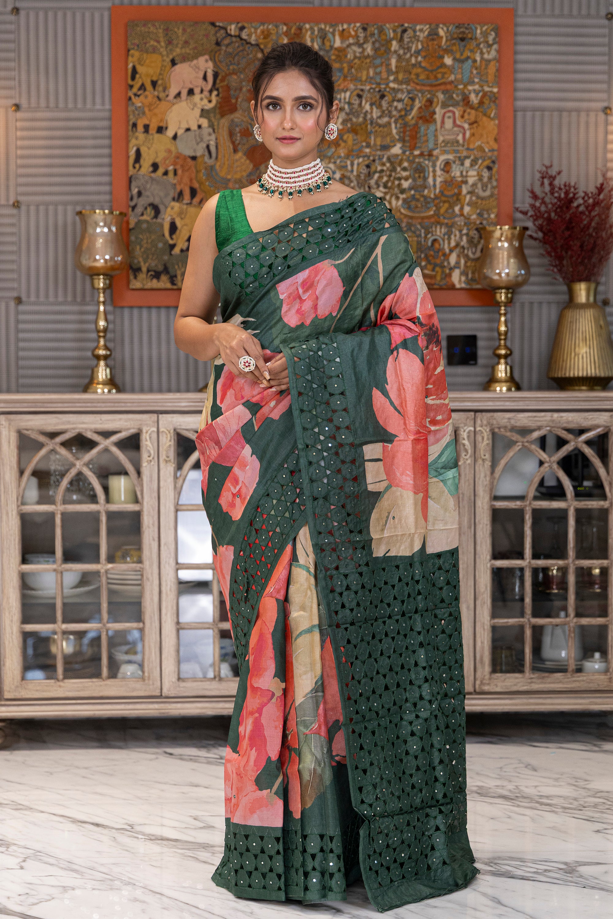 Tussar Digital Print Cutwork