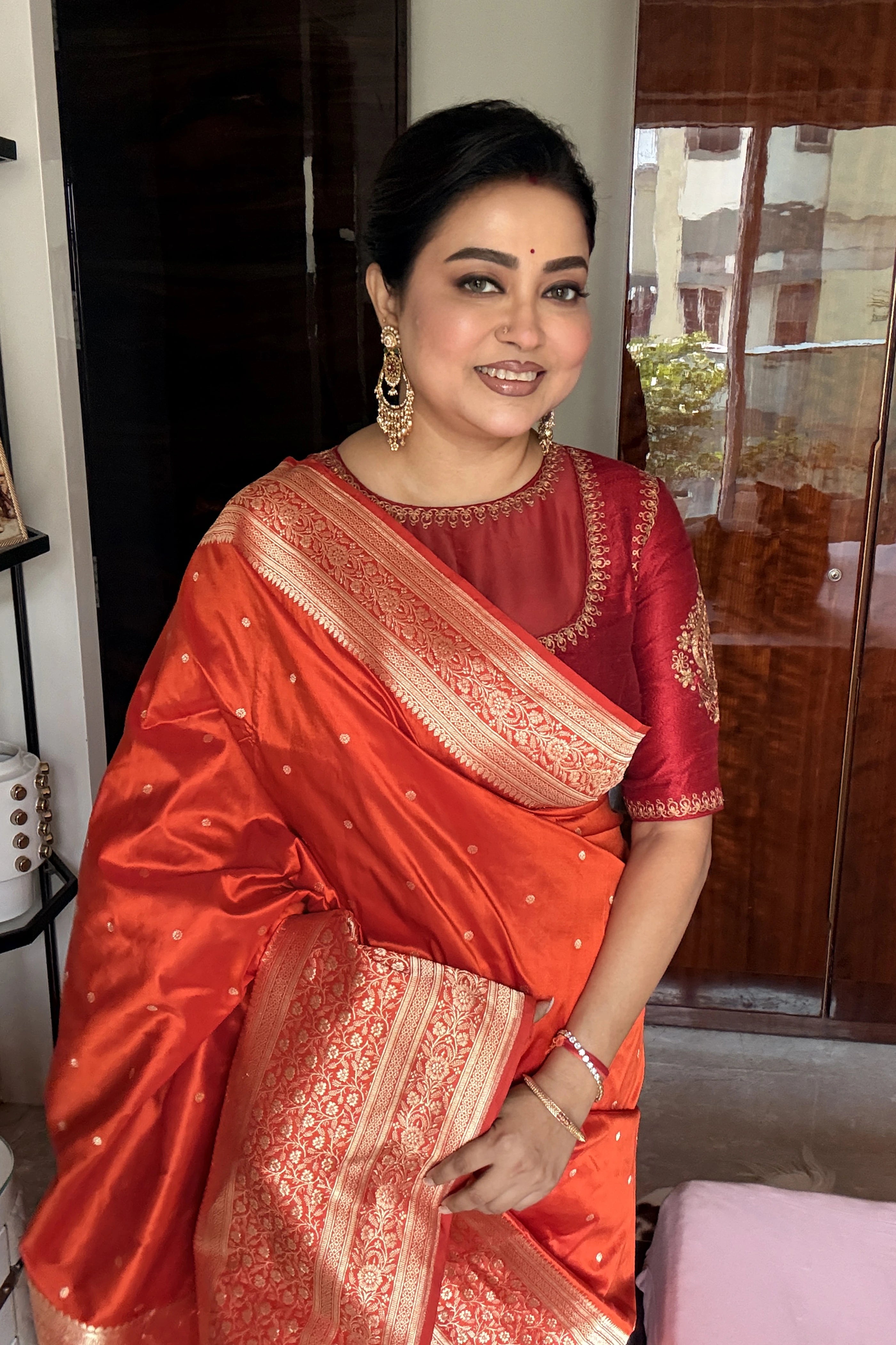 Orange Katan Banarasi Saree With Blouse Piece