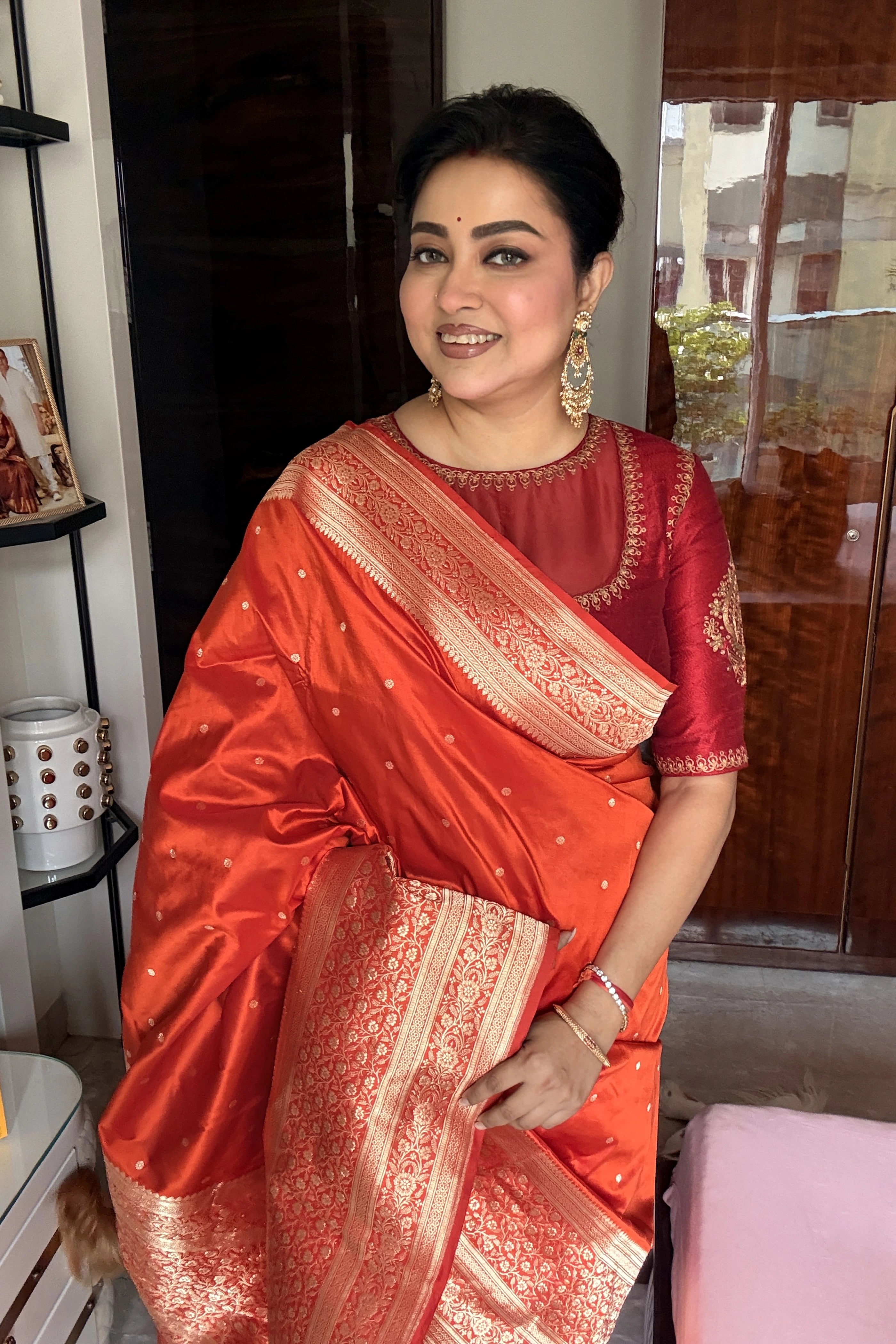 Orange Katan Banarasi Saree With Blouse Piece