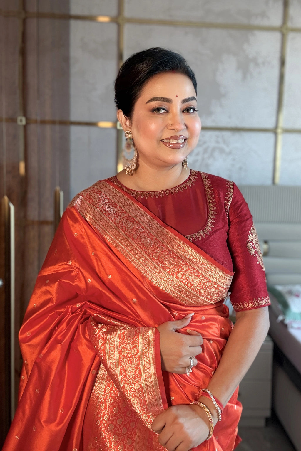 Orange Katan Banarasi Saree With Blouse Piece