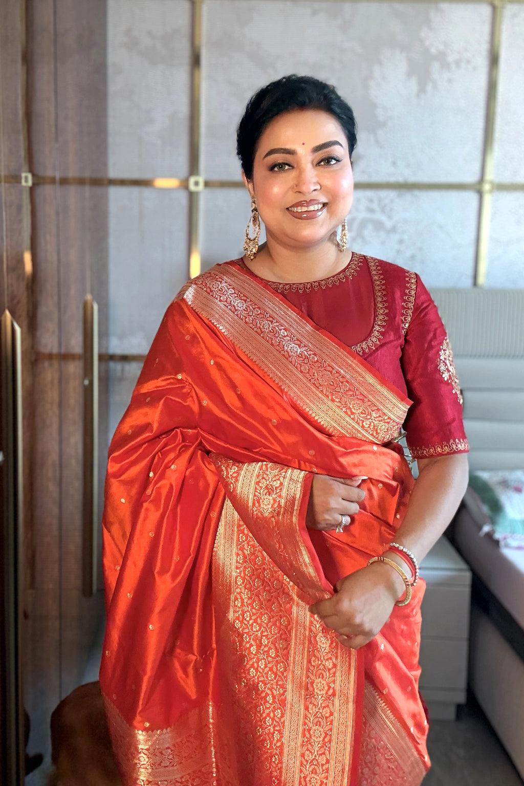 Orange Katan Banarasi Saree With Blouse Piece